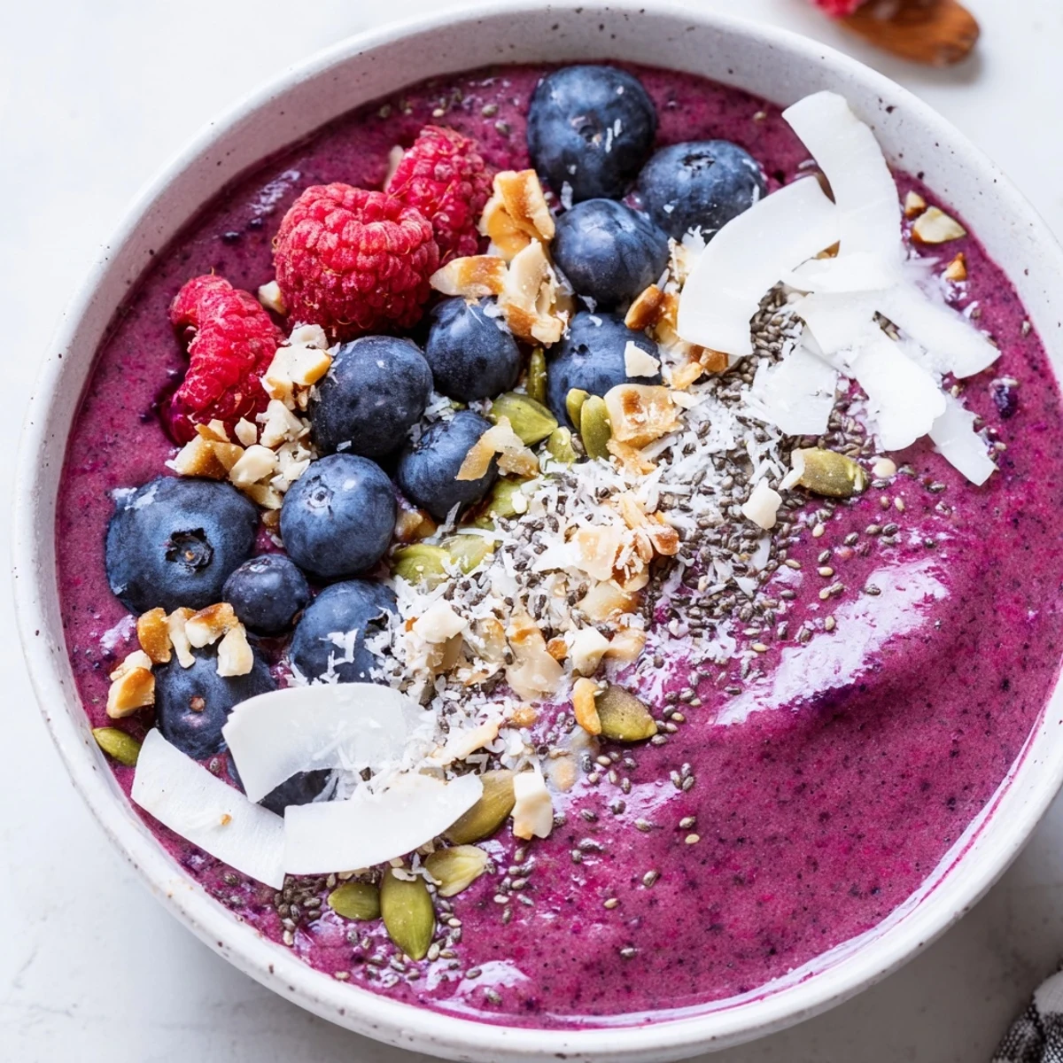Creamy Winter Berry Smoothie Bowl with seeds, a beautiful blend of frozen berries, ideal for breakfast.