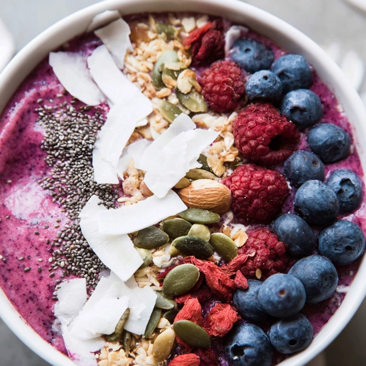 Sweet and refreshing Winter Berry Smoothie Bowl loaded with berries and nuts for a healthy snack or morning meal.