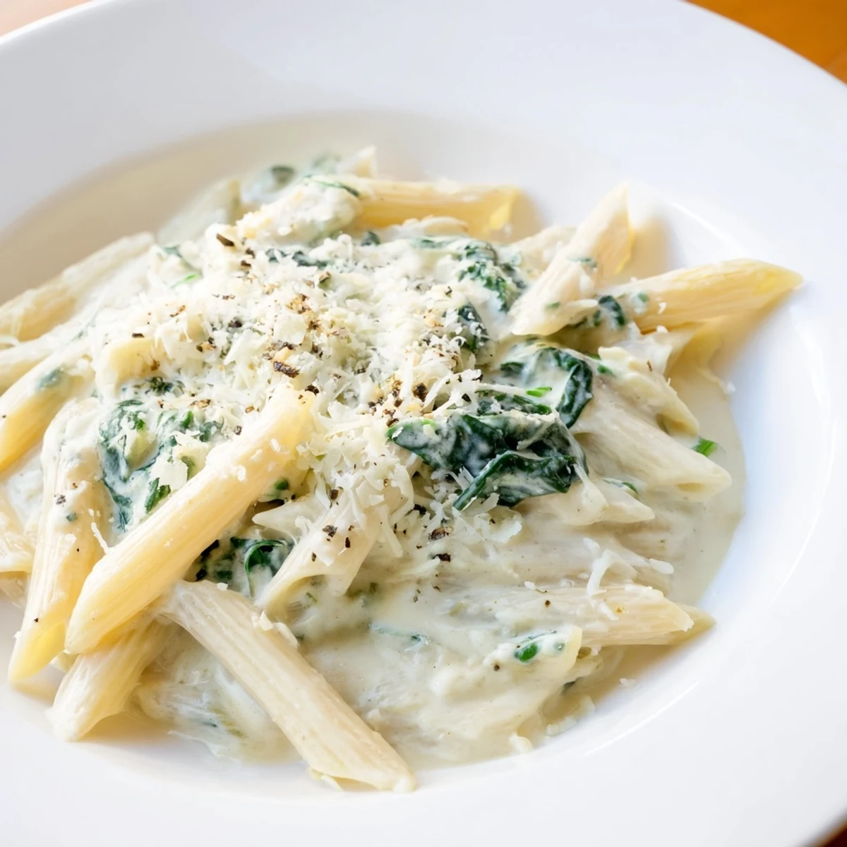 The creamy sauce coats the penne pasta in this Creamy Spinach Pasta with Garlic, garnished with parmesan.