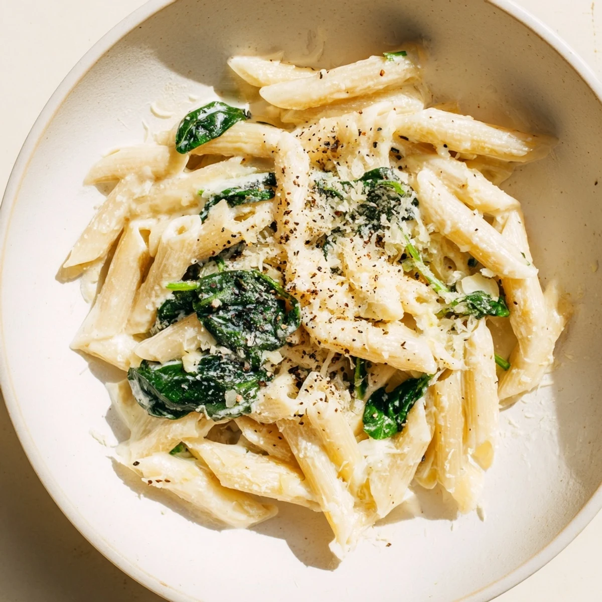 Imagine garlic-infused Creamy Spinach Pasta with Garlic, with vibrant green spinach and a sprinkle of black pepper.