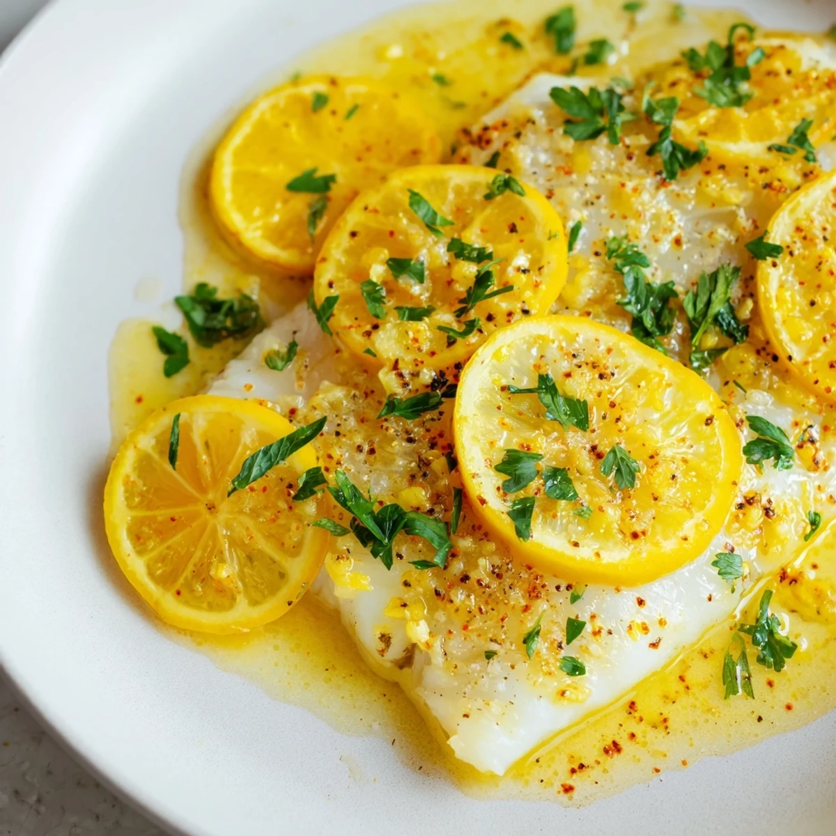 Golden, flaky baked cod with lemon and butter, perfectly baked and garnished with fresh parsley.
