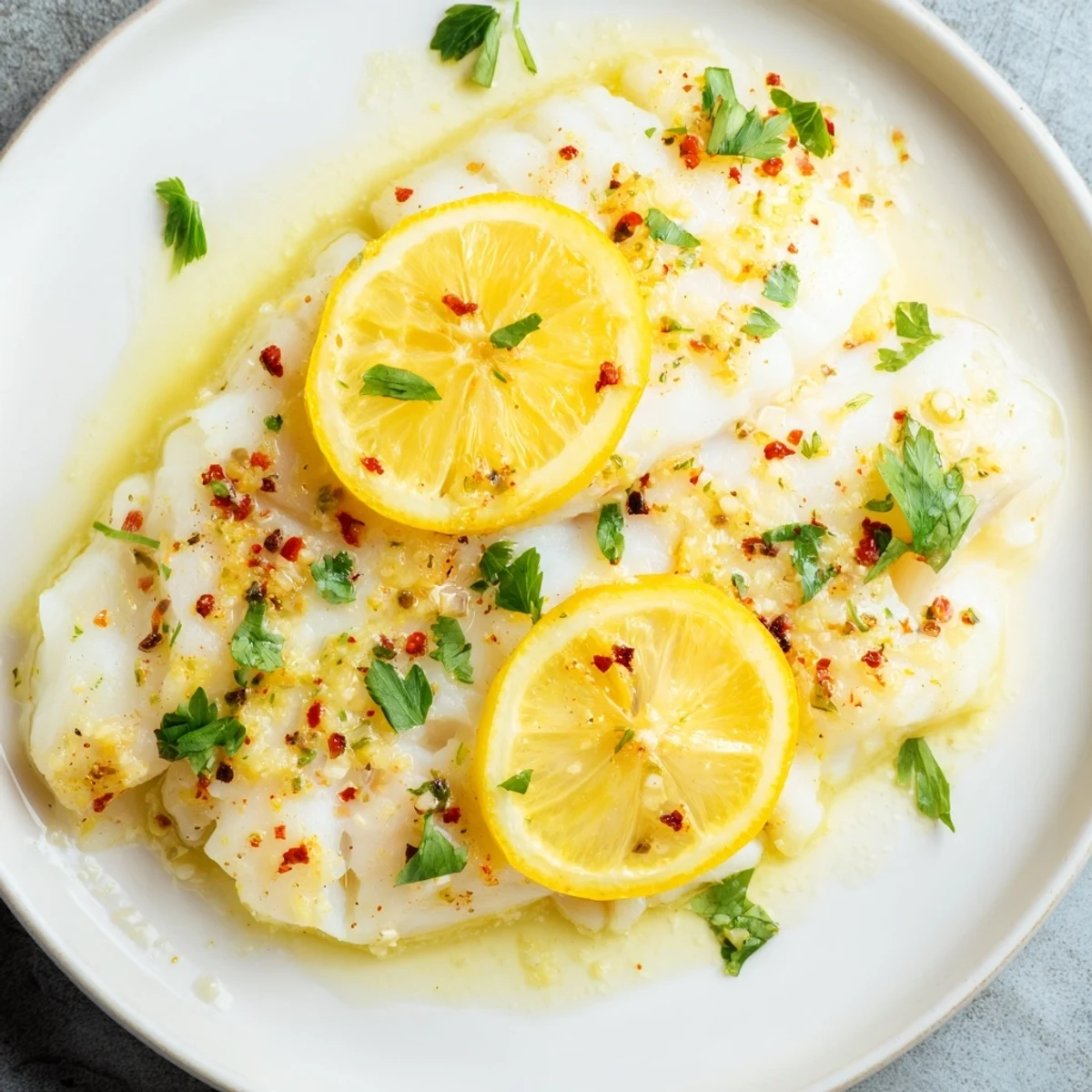Close-up of the delicious baked cod with lemon and butter, showing the tender, white fish.