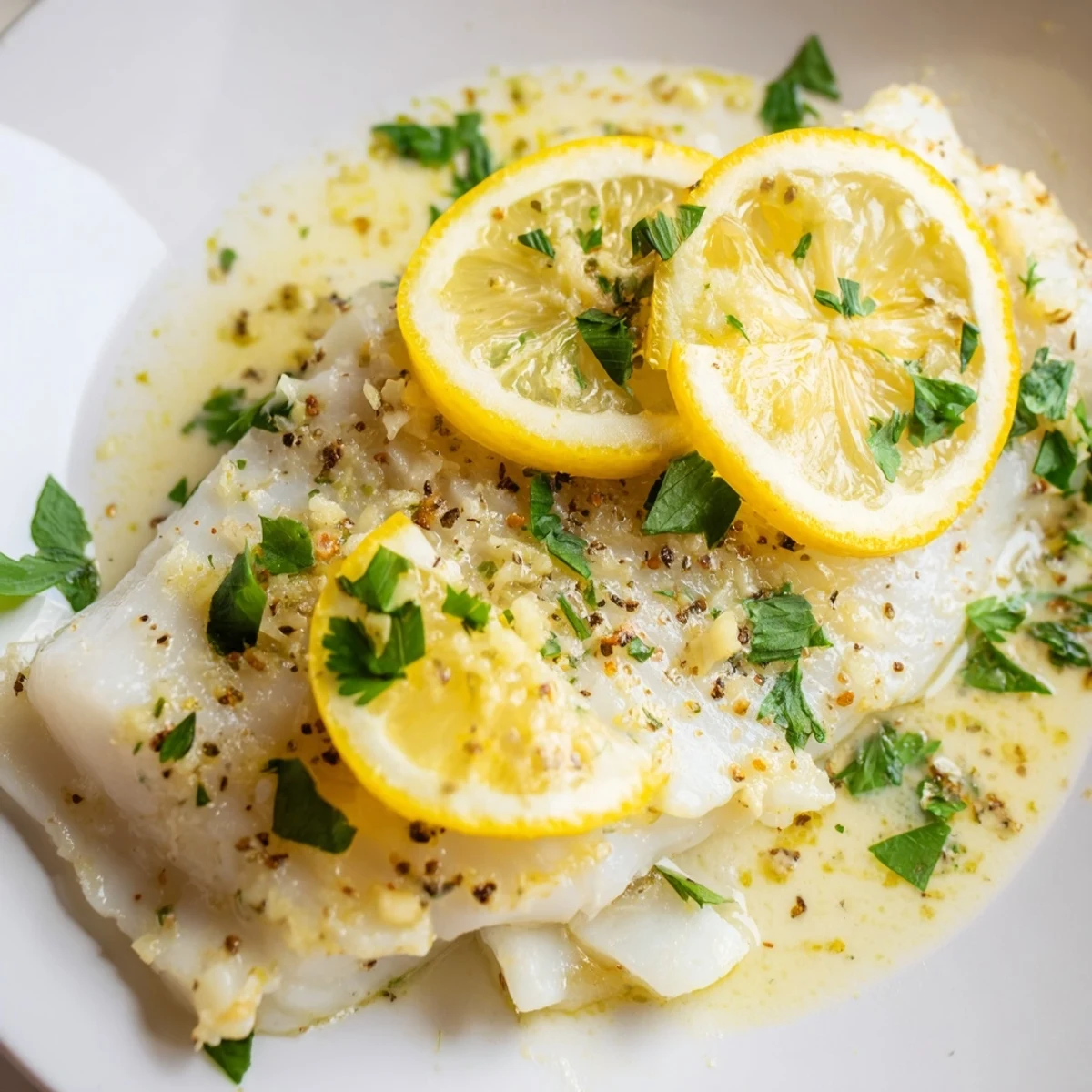 Juicy baked cod with lemon and butter, ready to be served for a light and flavorful dinner.