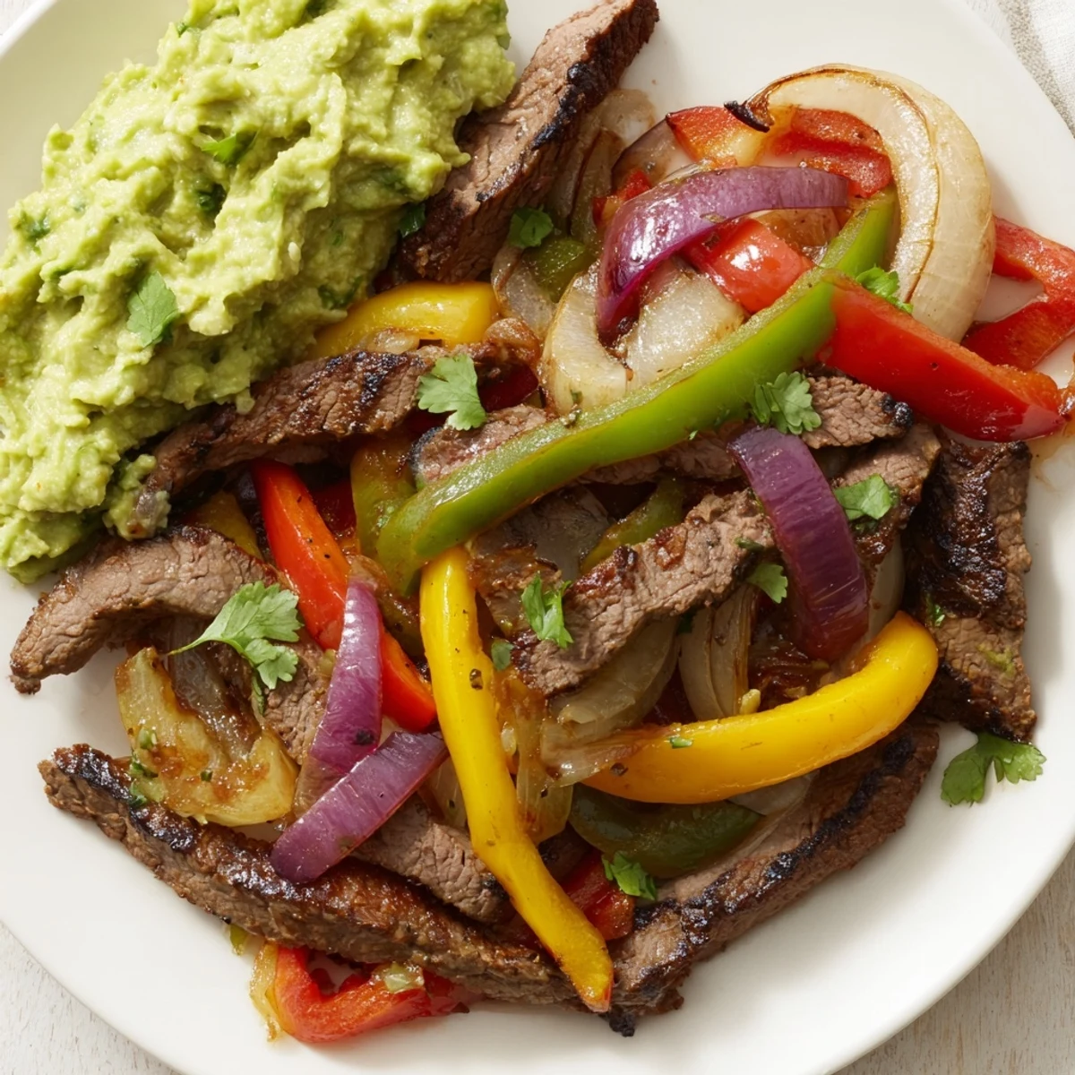 Sizzling beef fajitas with colorful peppers and cool guacamole, a fantastic Tex-Mex meal.