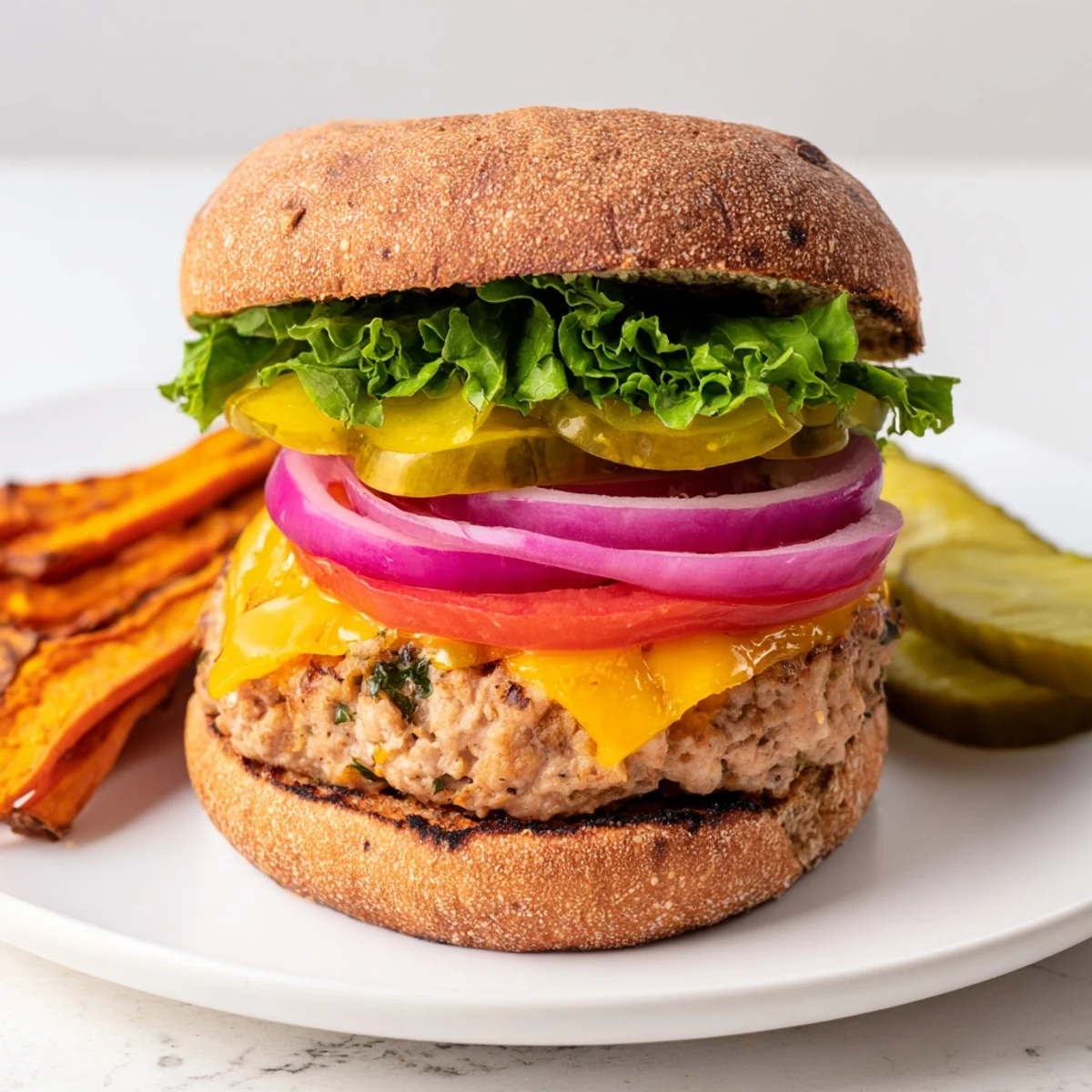 Juicy turkey burger with melted cheese next to a pile of golden sweet potato fries.