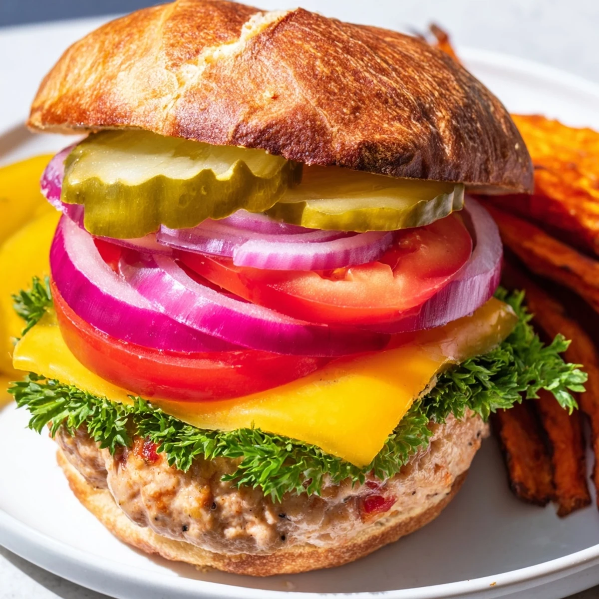 Crispy sweet potato fries and a delicious turkey burger, ready to eat and packed with flavor.