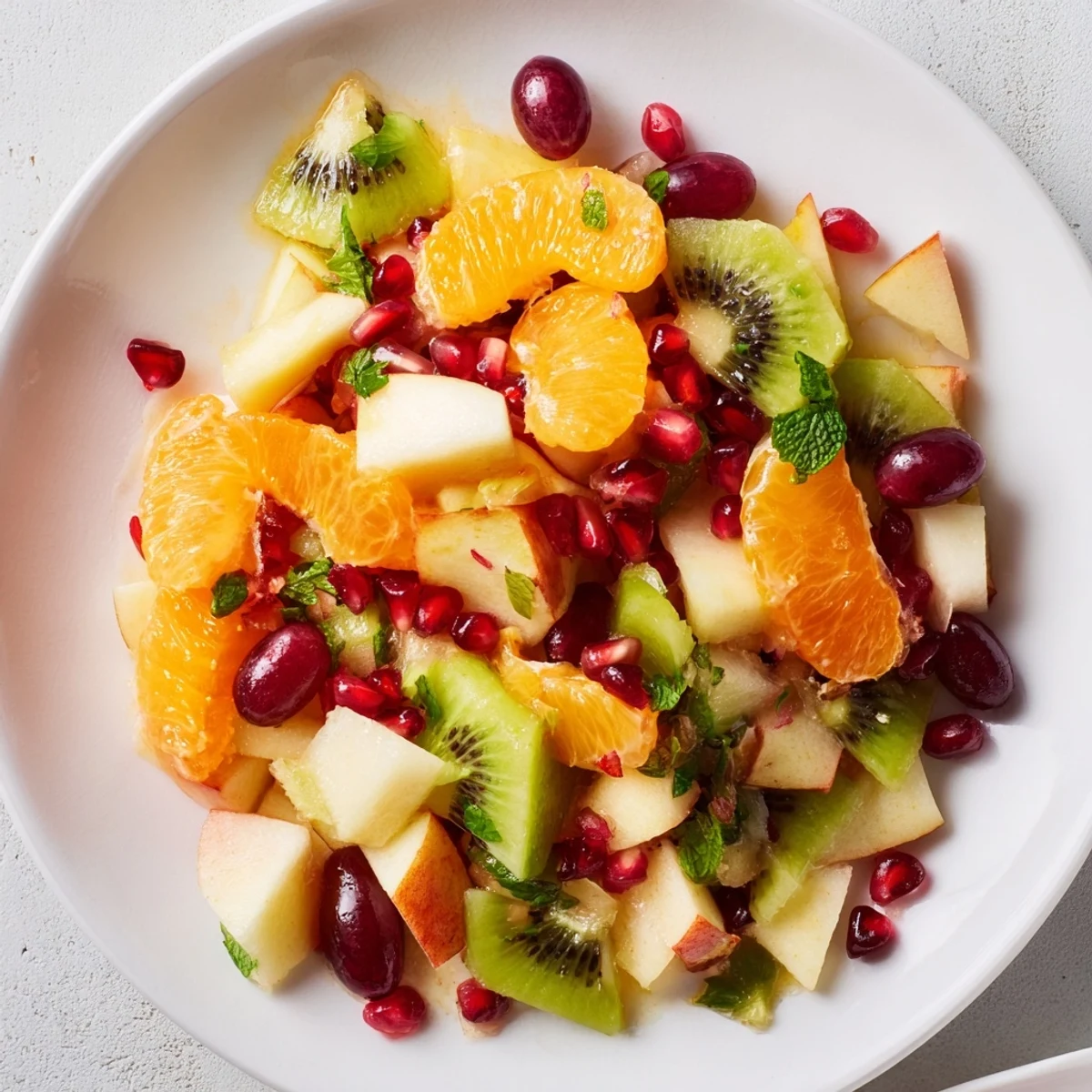 Vibrant Winter Fruit Salad showcasing juicy orange segments and ruby-red pomegranate seeds, ready to serve.