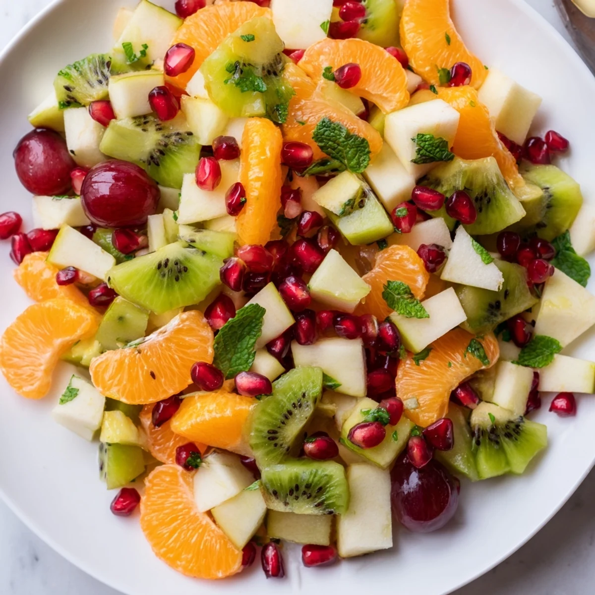 A colorful bowl of refreshing Winter Fruit Salad, tossed with fresh mint, perfect for a light dessert.