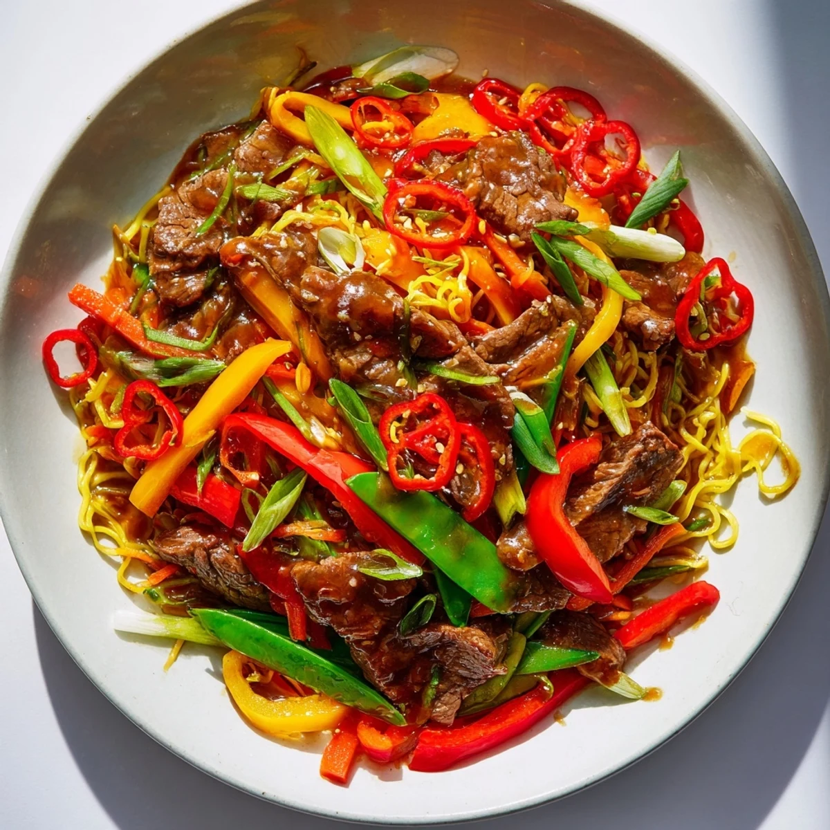 Steaming Spicy Beef Stir Fry with Noodles, glistening with savory sauce, ready for serving tonight.