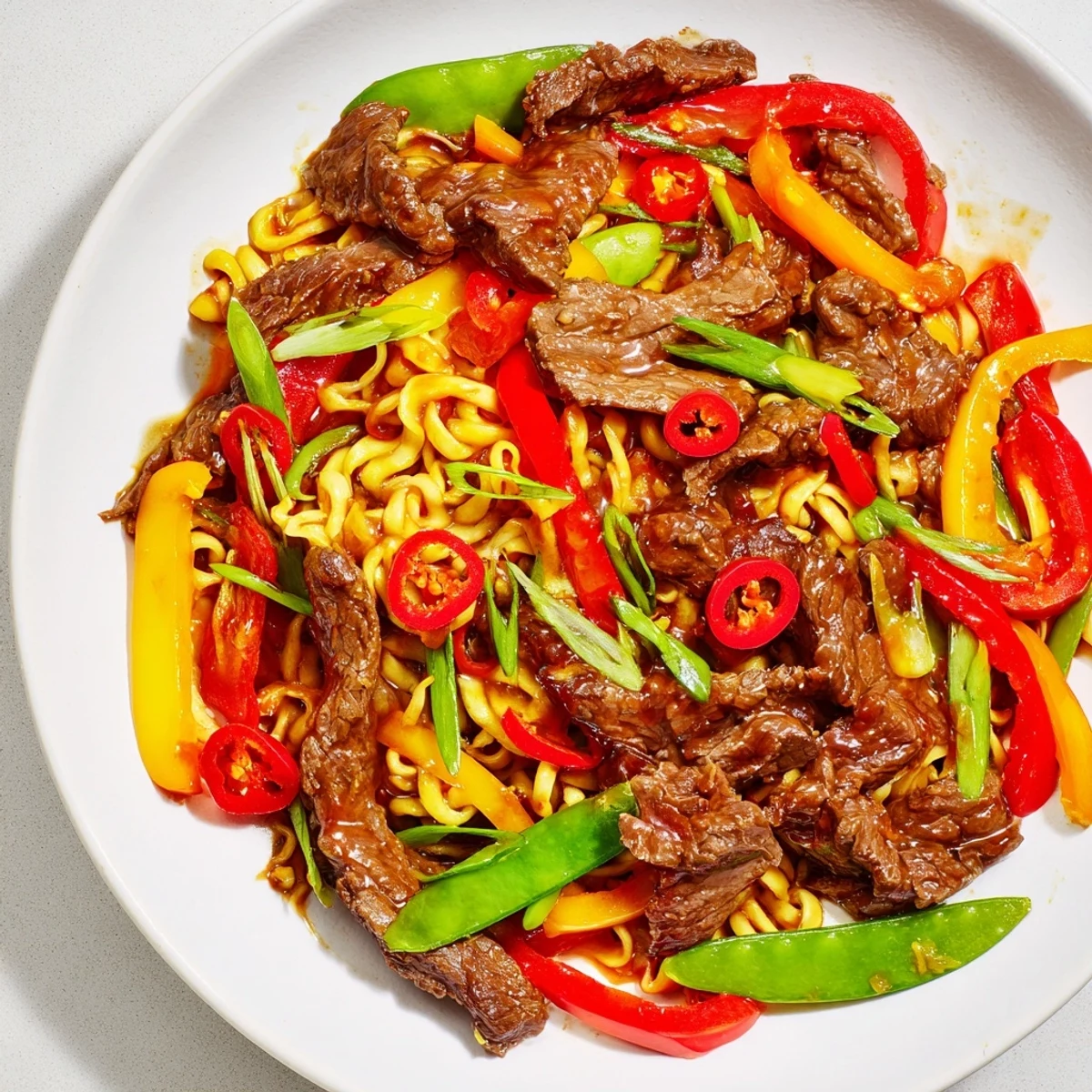 Vibrant photo of Spicy Beef Stir Fry with Noodles; a delicious Asian-inspired dinner with colorful vegetables.