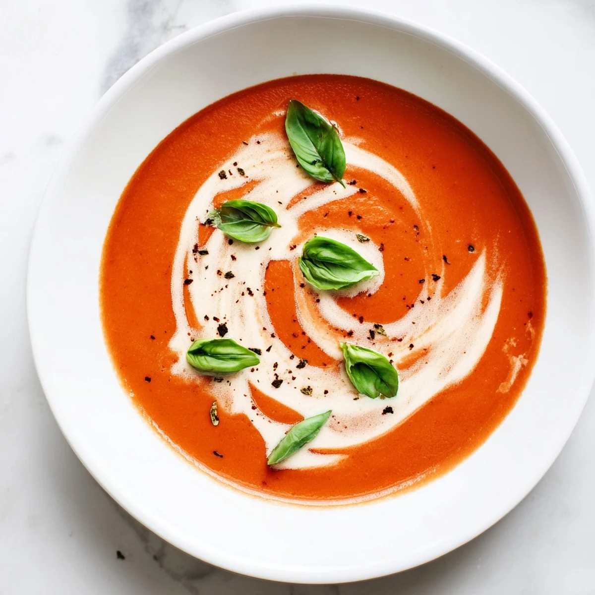 Warm bowl of creamy tomato soup with basil, garnished and ready to be enjoyed.