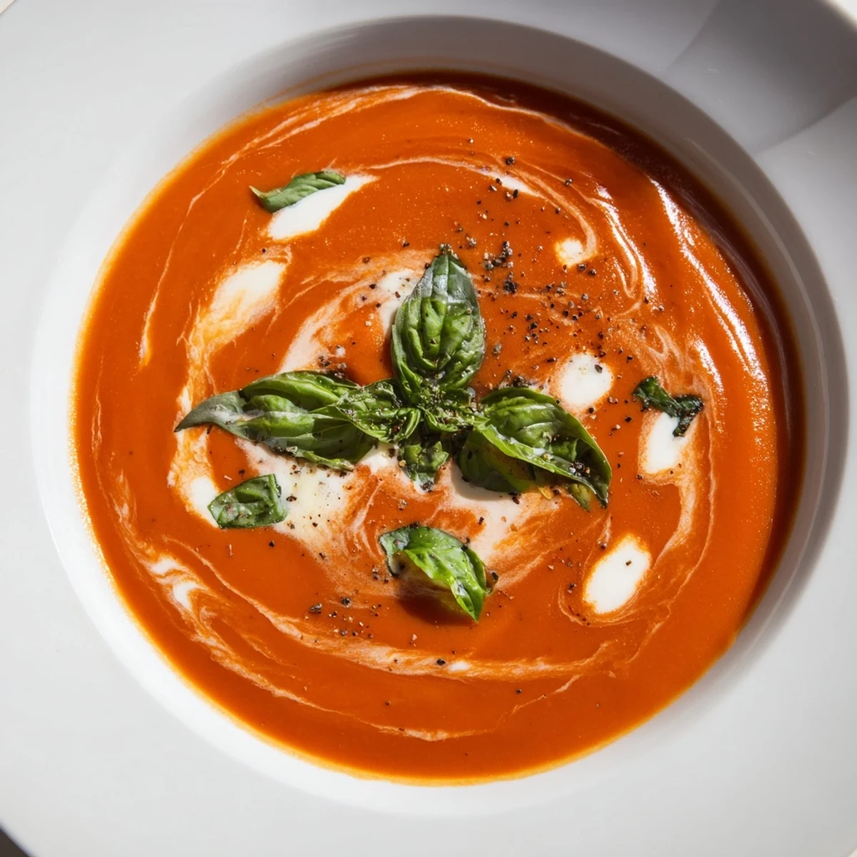 Homemade creamy tomato soup with basil, served hot, a comforting Italian-inspired classic.