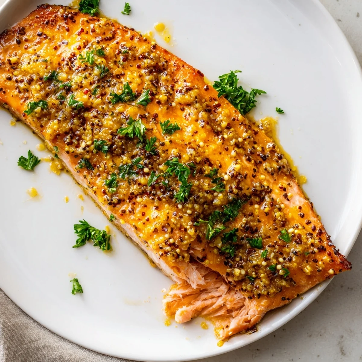 Golden baked salmon fillets glistening with honey mustard, perfectly prepared on a baking sheet.