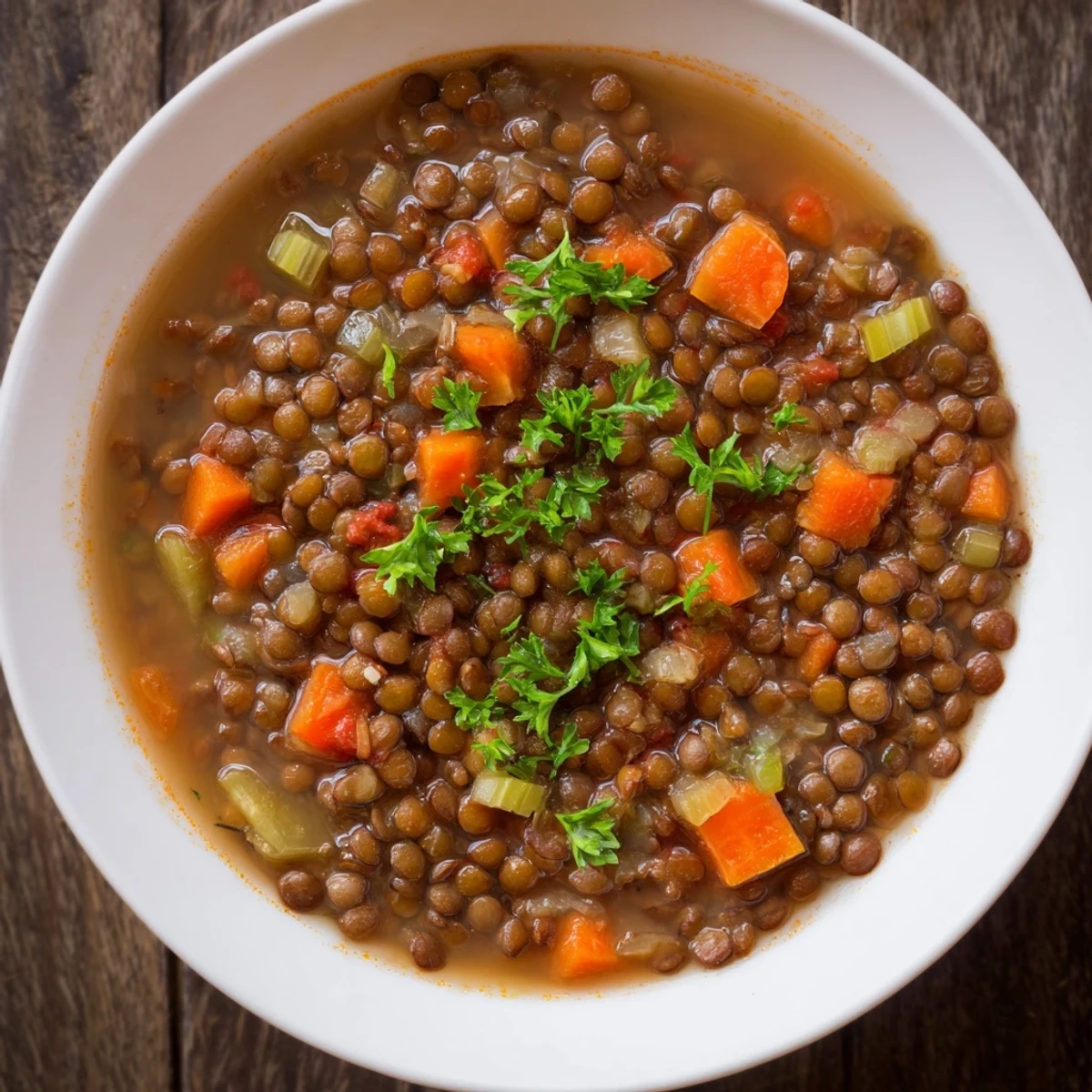 Steaming bowl of Spicy Lentil Soup with Carrots and Celery, topped with fresh parsley and lemon wedges.