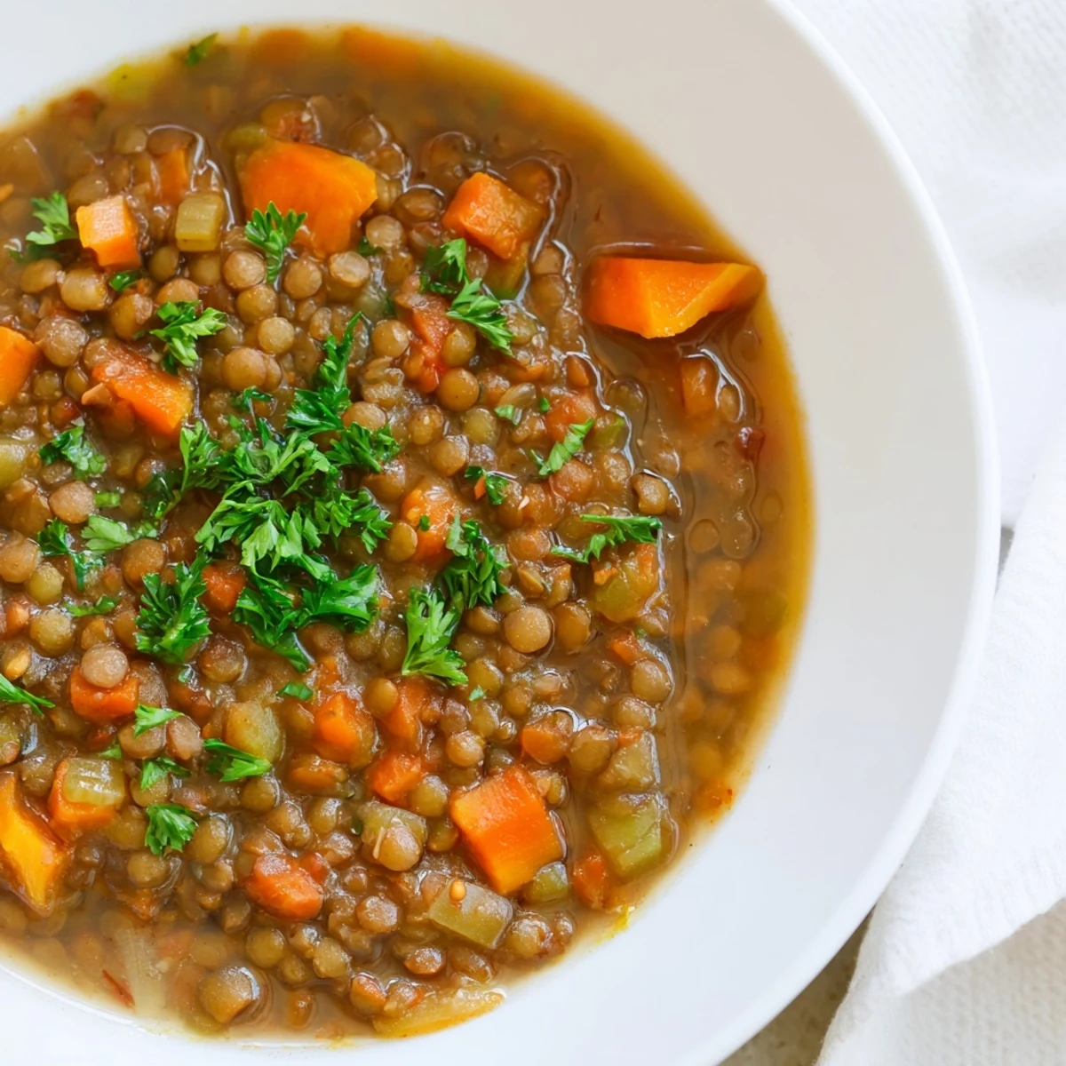 Close-up of Spicy Lentil Soup with Carrots and Celery, featuring tender lentils and vibrant orange vegetables.