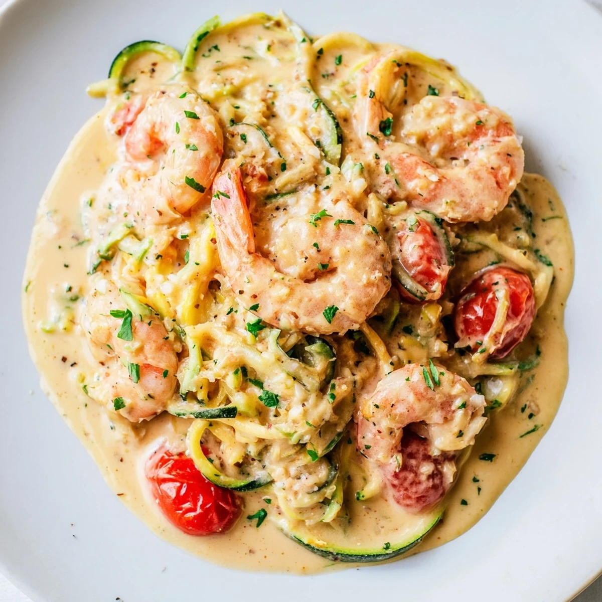 Succulent shrimp tossed in creamy garlic sauce with vibrant green zucchini noodles on a white plate.