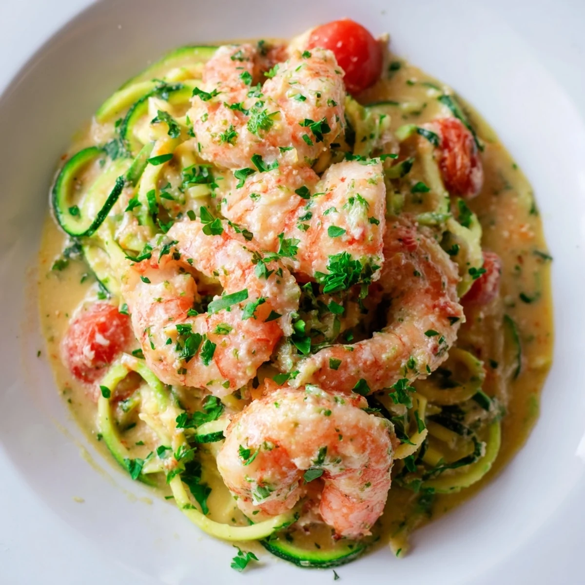 Creamy Garlic Shrimp with Zucchini Noodles glimmers beside a lemon wedge and fresh parsley garnish.