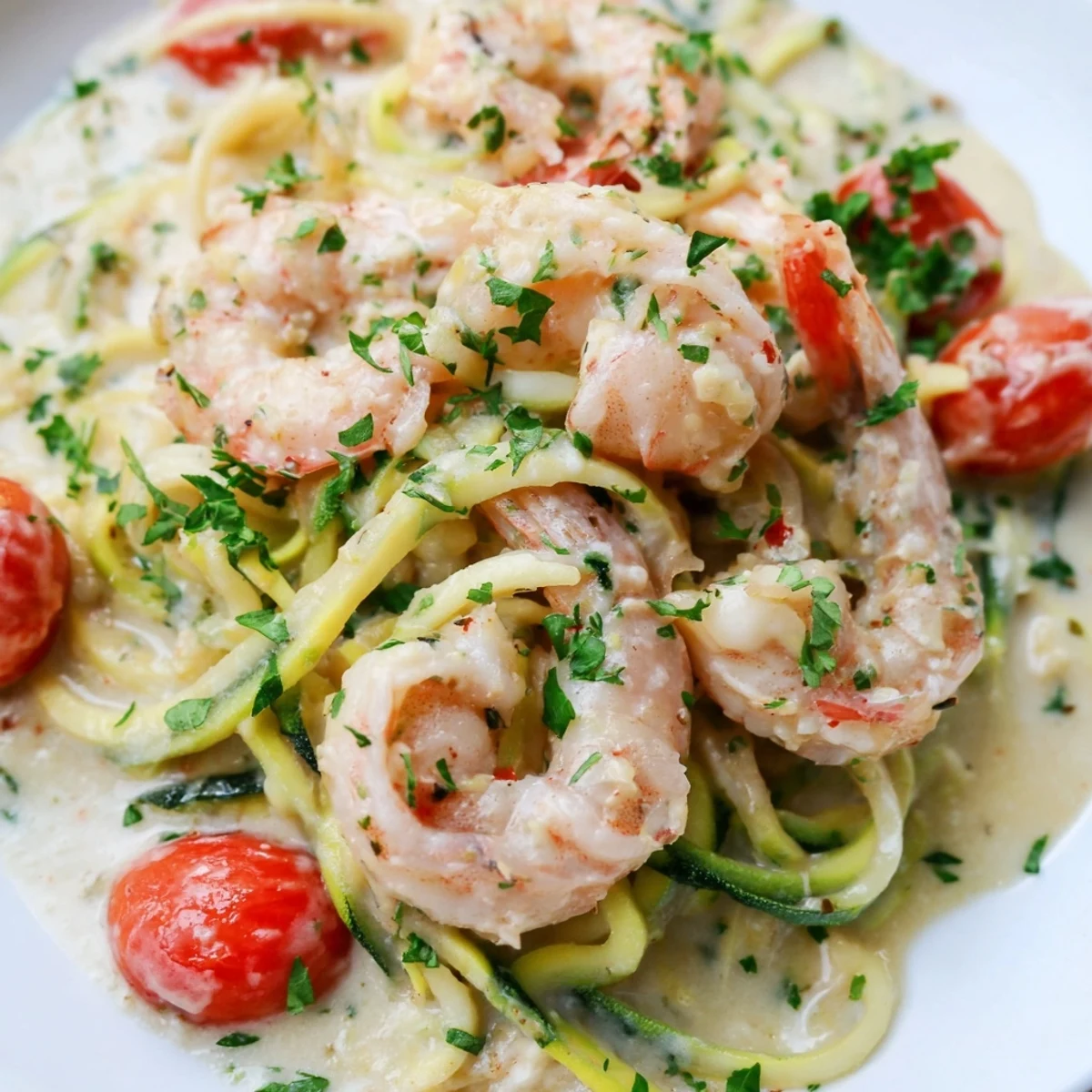 A skillet of Creamy Garlic Shrimp with Zucchini Noodles topped with Parmesan and red pepper flakes.