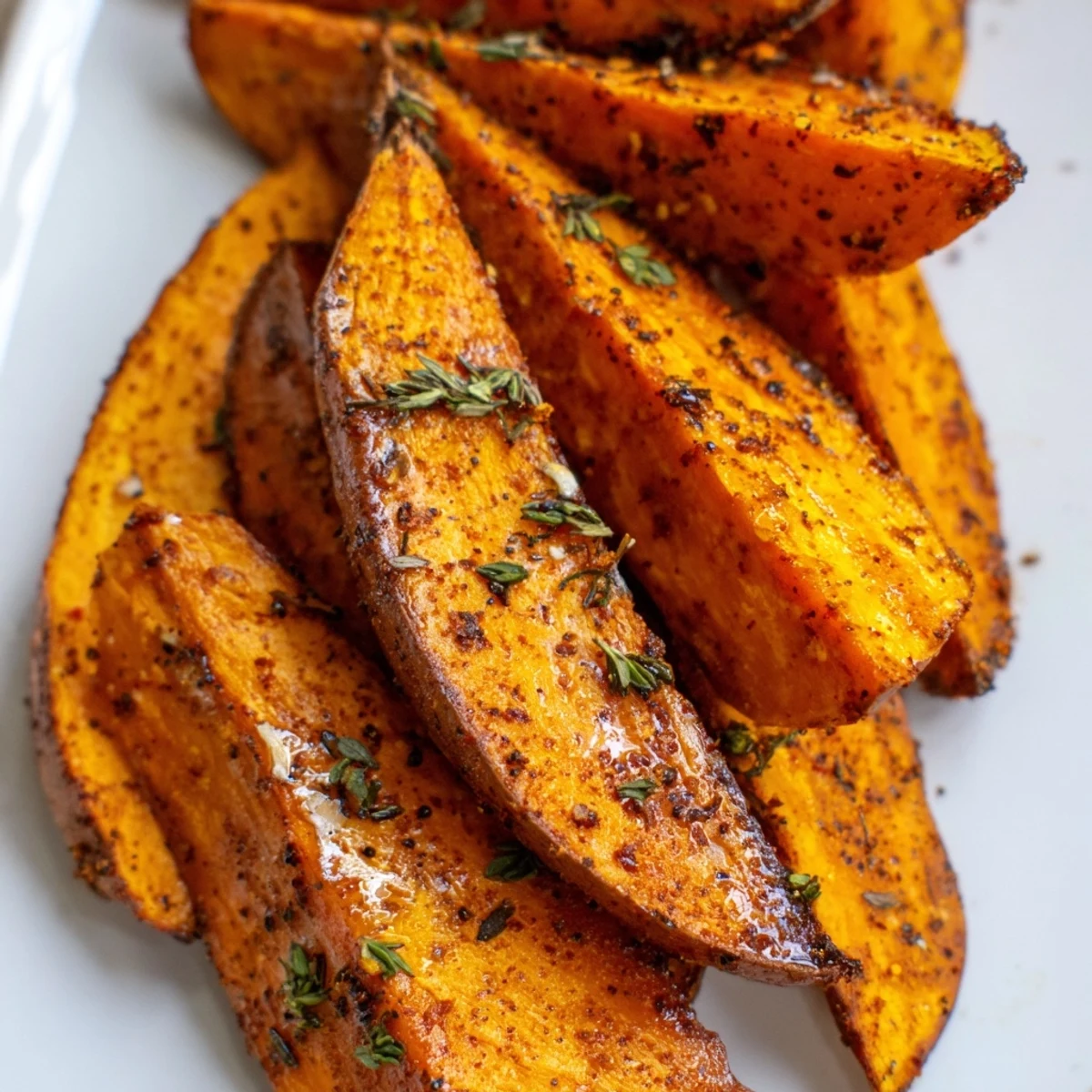 Golden brown Roasted Sweet Potato Wedges with Smoked Paprika, crispy on the edges, served fresh from the oven.