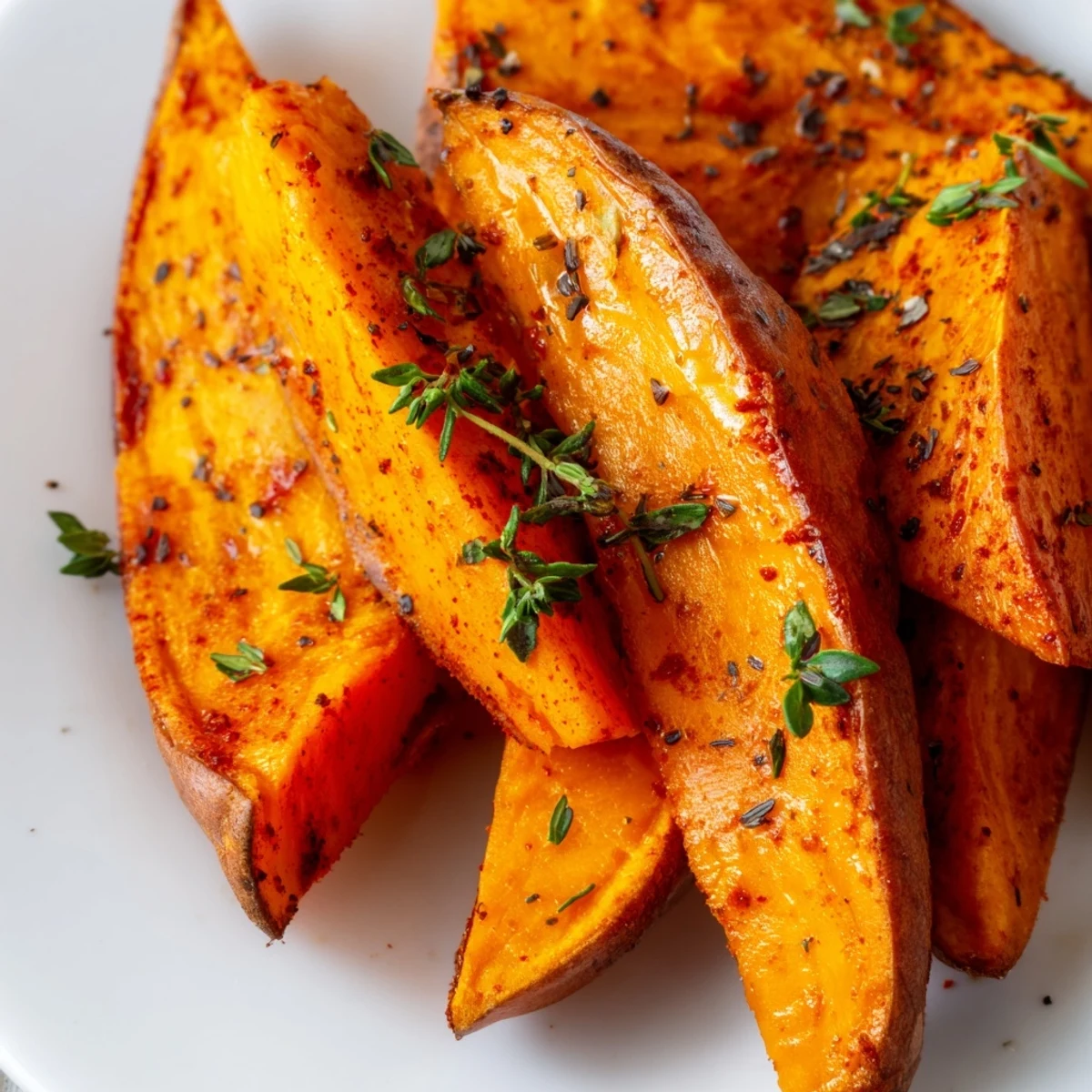 Homemade Roasted Sweet Potato Wedges with Smoked Paprika tossed in olive oil, garlic, and thyme on a baking sheet.