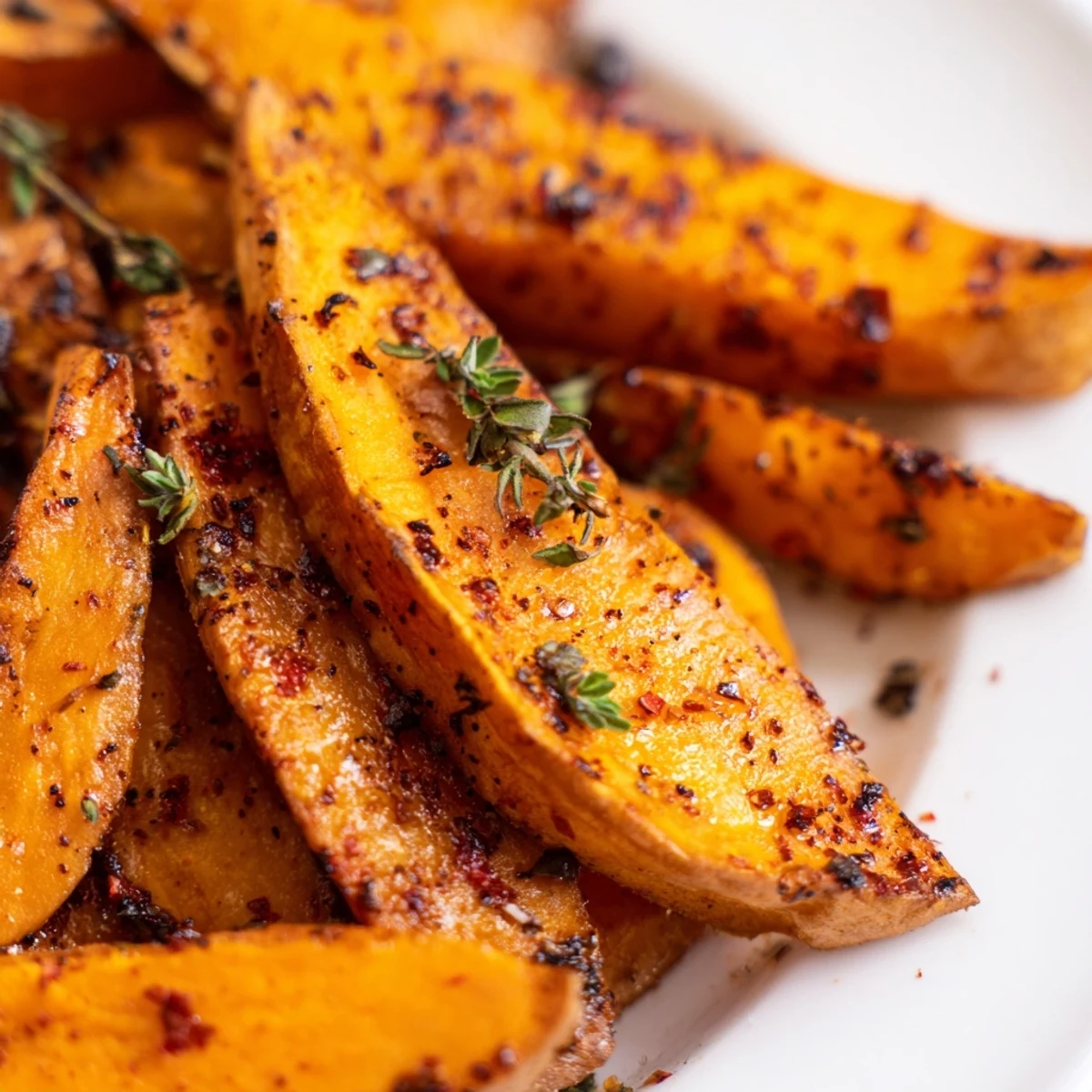 Vibrant Roasted Sweet Potato Wedges with Smoked Paprika, garnished with fresh parsley, paired with creamy yogurt dip for dinner.