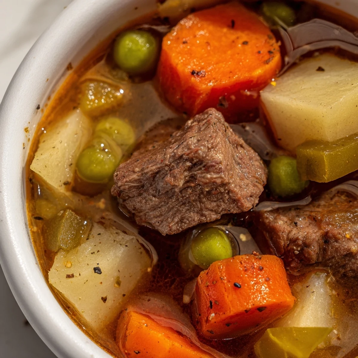 Hearty Beef Vegetable Soup with Potatoes and Peas steaming in a white bowl, garnished with fresh parsley.
