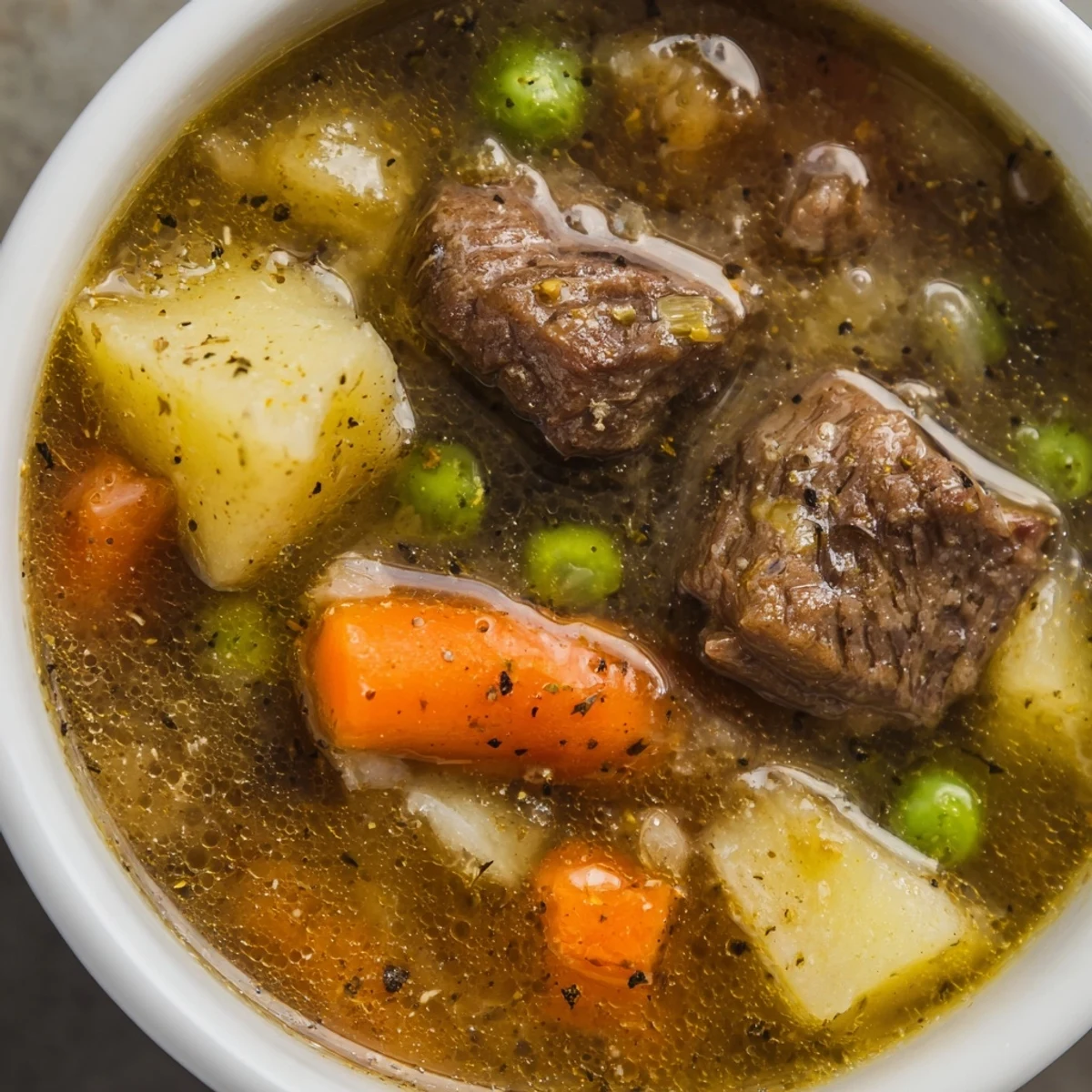 A rustic Dutch oven filled with Beef Vegetable Soup with Potatoes and Peas, featuring tender beef and colorful veggies.
