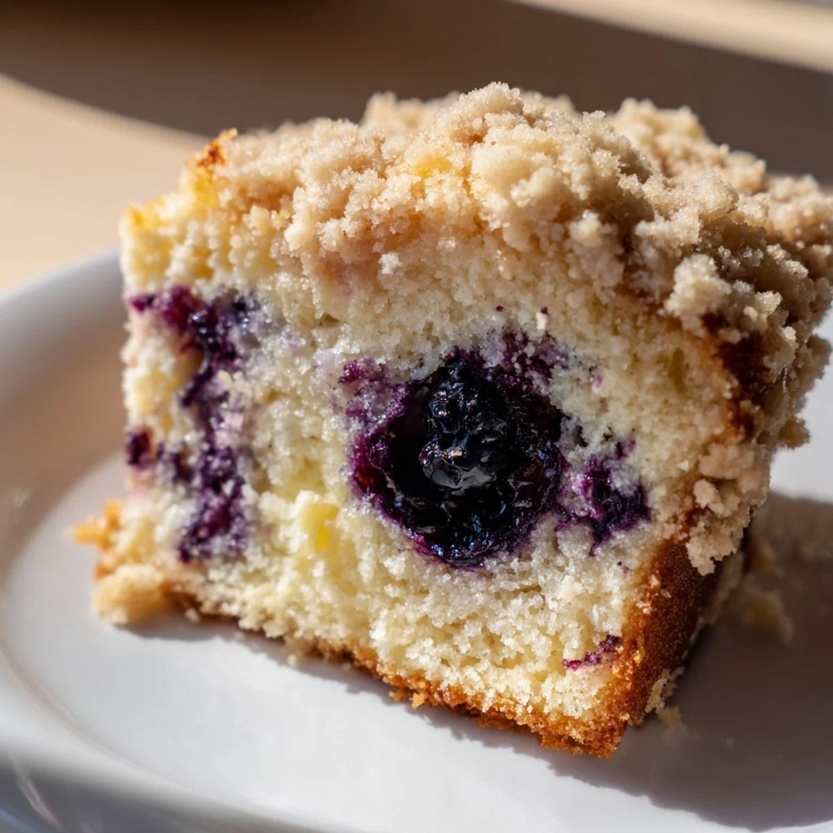 Freshly baked Lemon Blueberry Bread with streusel topping, sliced to show moist crumb and juicy berries.