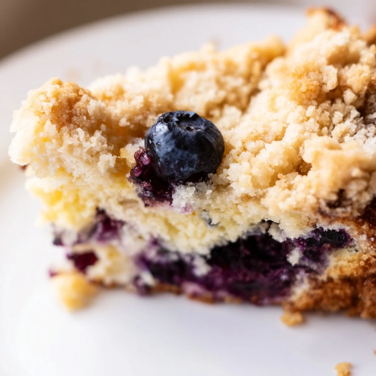 Warm slice of Lemon Blueberry Bread with a crumbly streusel, served on a rustic plate.