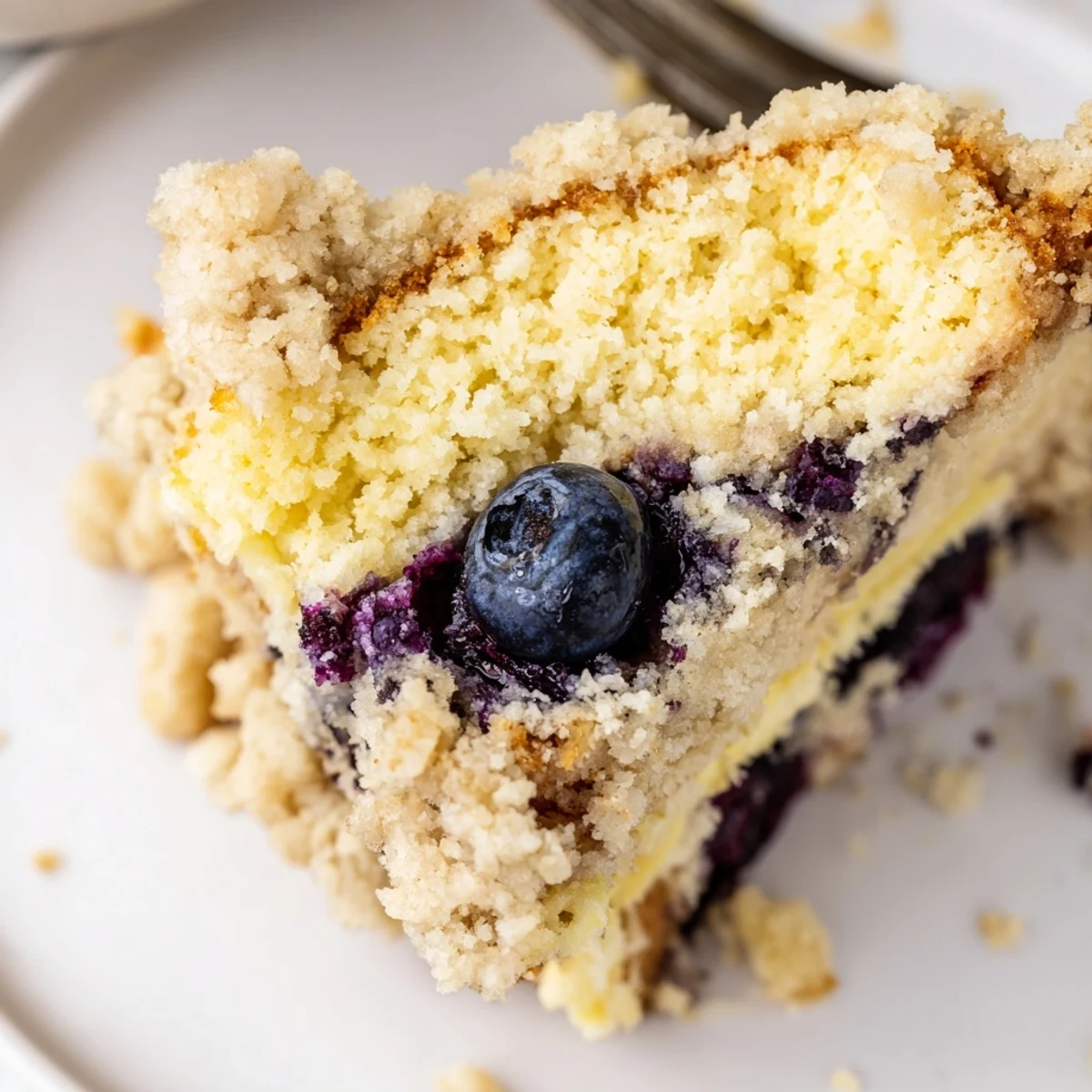 Golden Lemon Blueberry Bread loaf with sugary streusel, fresh blueberries, and lemon zest visible.