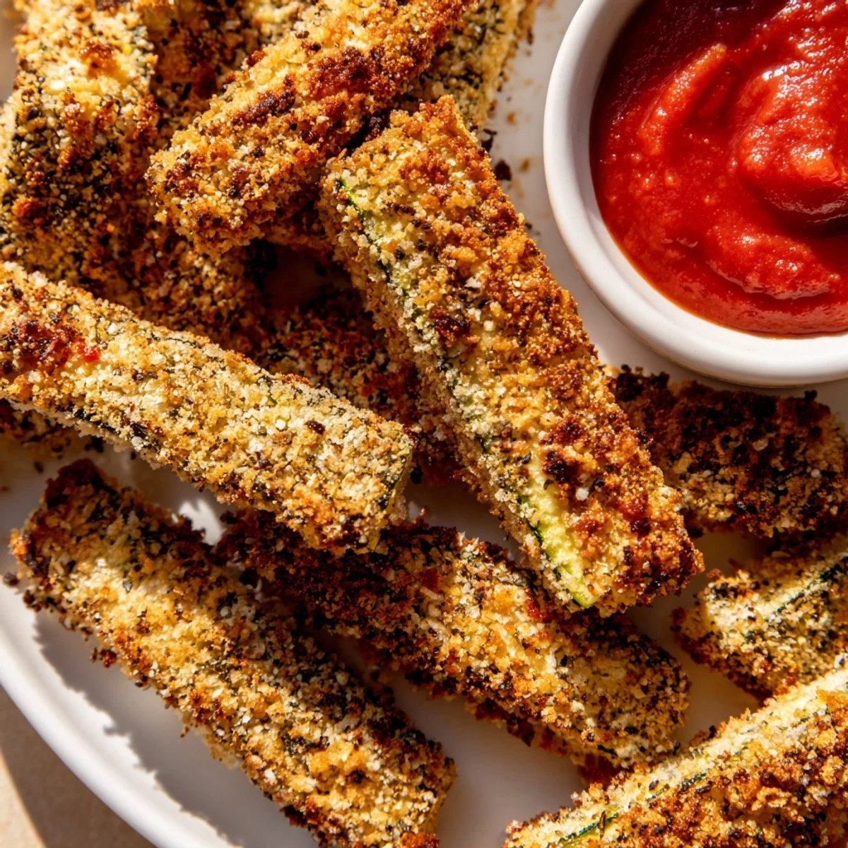 Freshly baked Baked Zucchini Fries with Marinara Dipping Sauce on a platter, perfect for a healthy snack alongside a movie.
