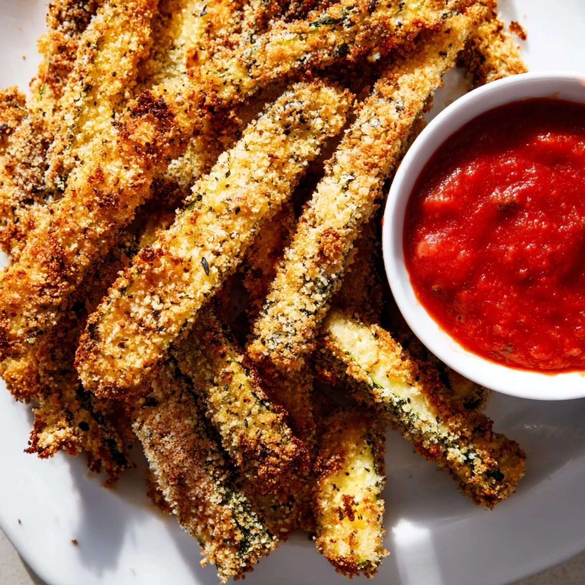 Golden-brown Baked Zucchini Fries with Marinara Dipping Sauce arranged on a rustic plate, served as a crispy vegetarian appetizer.
