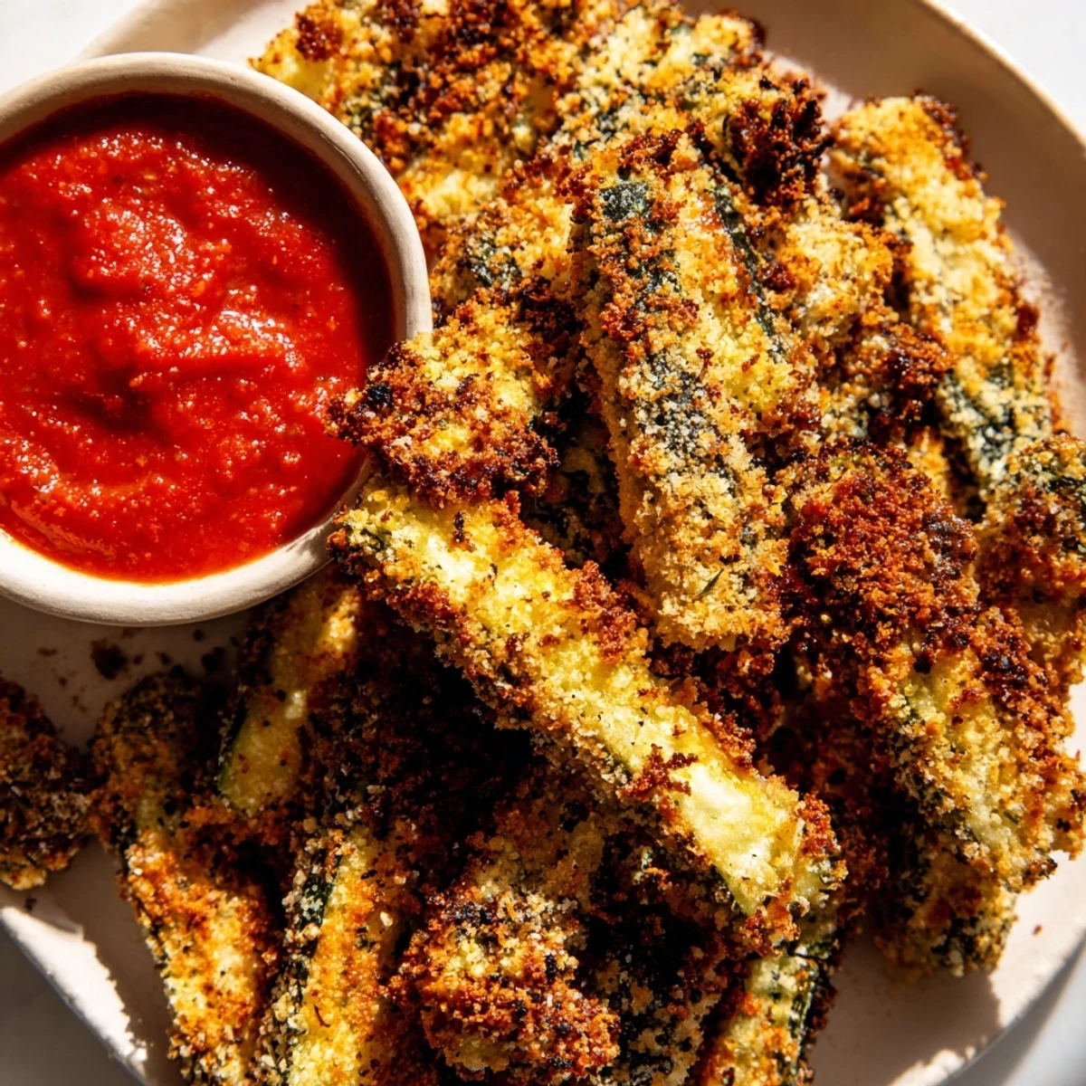 Crisp Baked Zucchini Fries with Marinara Dipping Sauce served steaming hot, showcasing golden Parmesan crumbs and bright red tomato sauce.