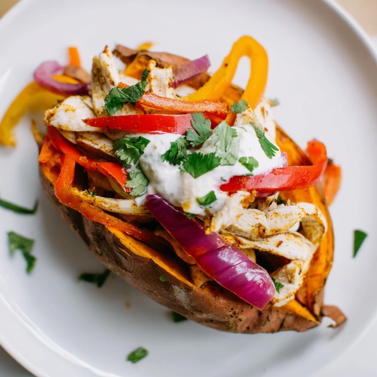 Roasted Chicken Fajita Stuffed Sweet Potatoes served with lime wedges on a rustic table.