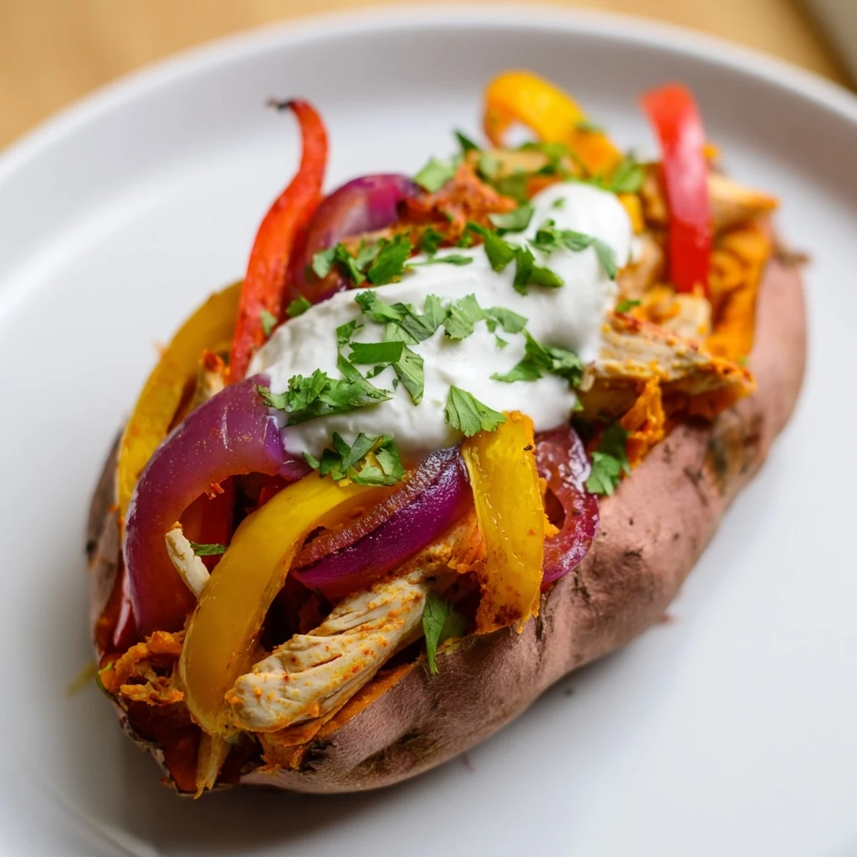 Oven-roasted Chicken Fajita Stuffed Sweet Potatoes topped with Greek yogurt and fresh cilantro.