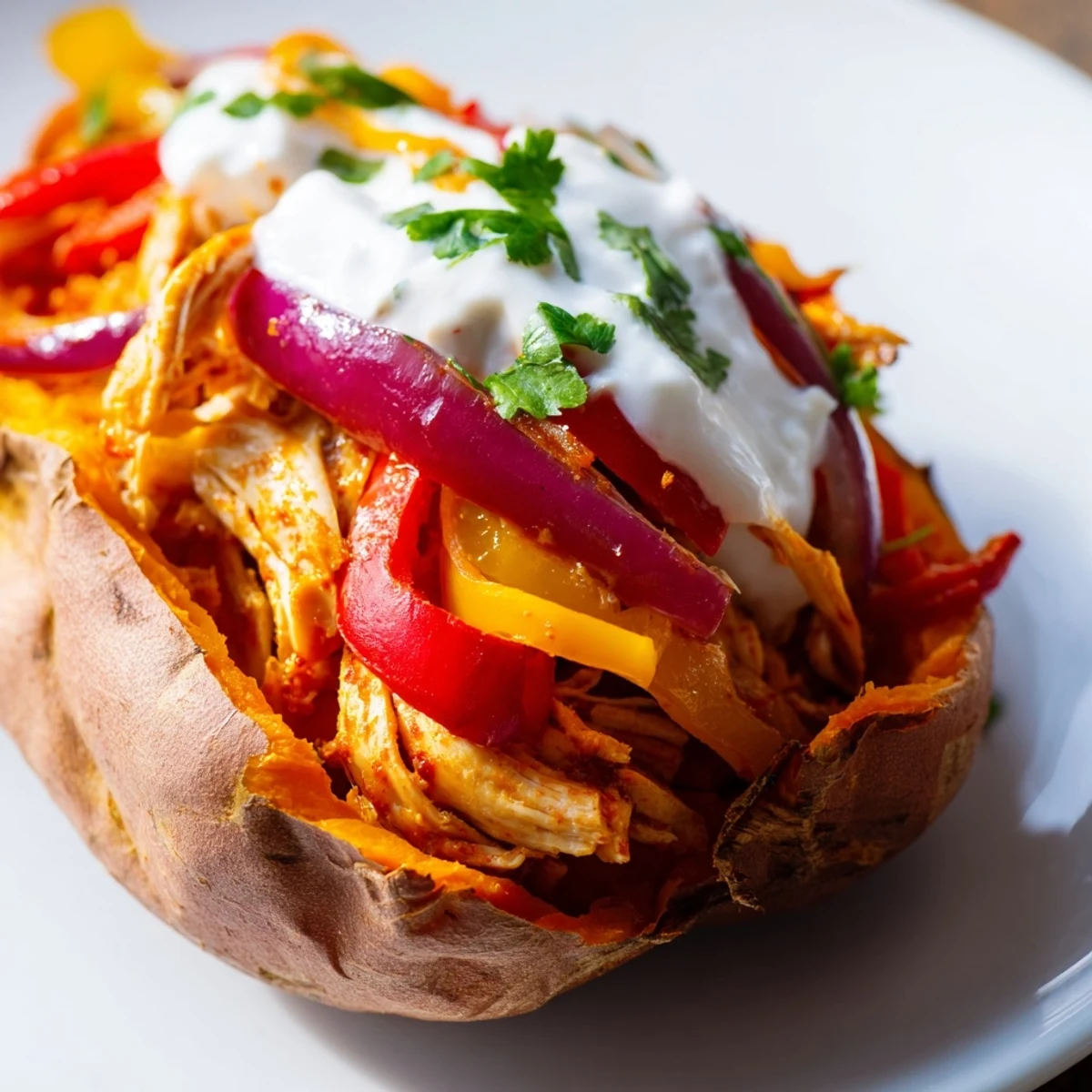 Sizzling fajita chicken filling piled into Chicken Fajita Stuffed Sweet Potatoes with peppers and onions.
