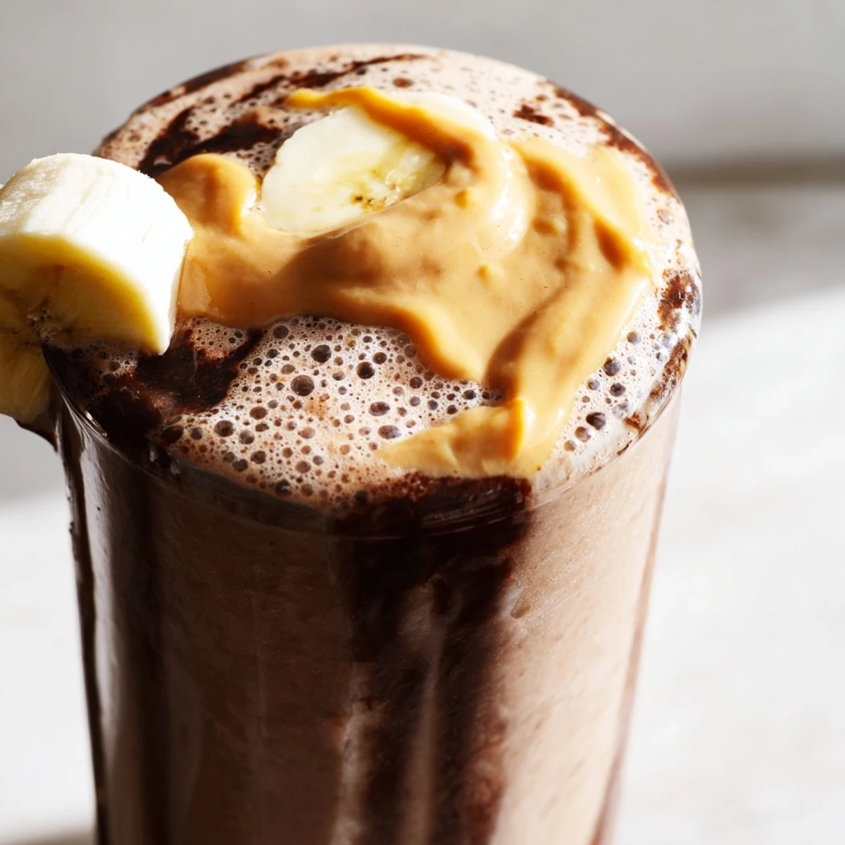 A frosted blender pitcher pours the Chocolate Peanut Butter Smoothie with Banana into two chilled tumblers.