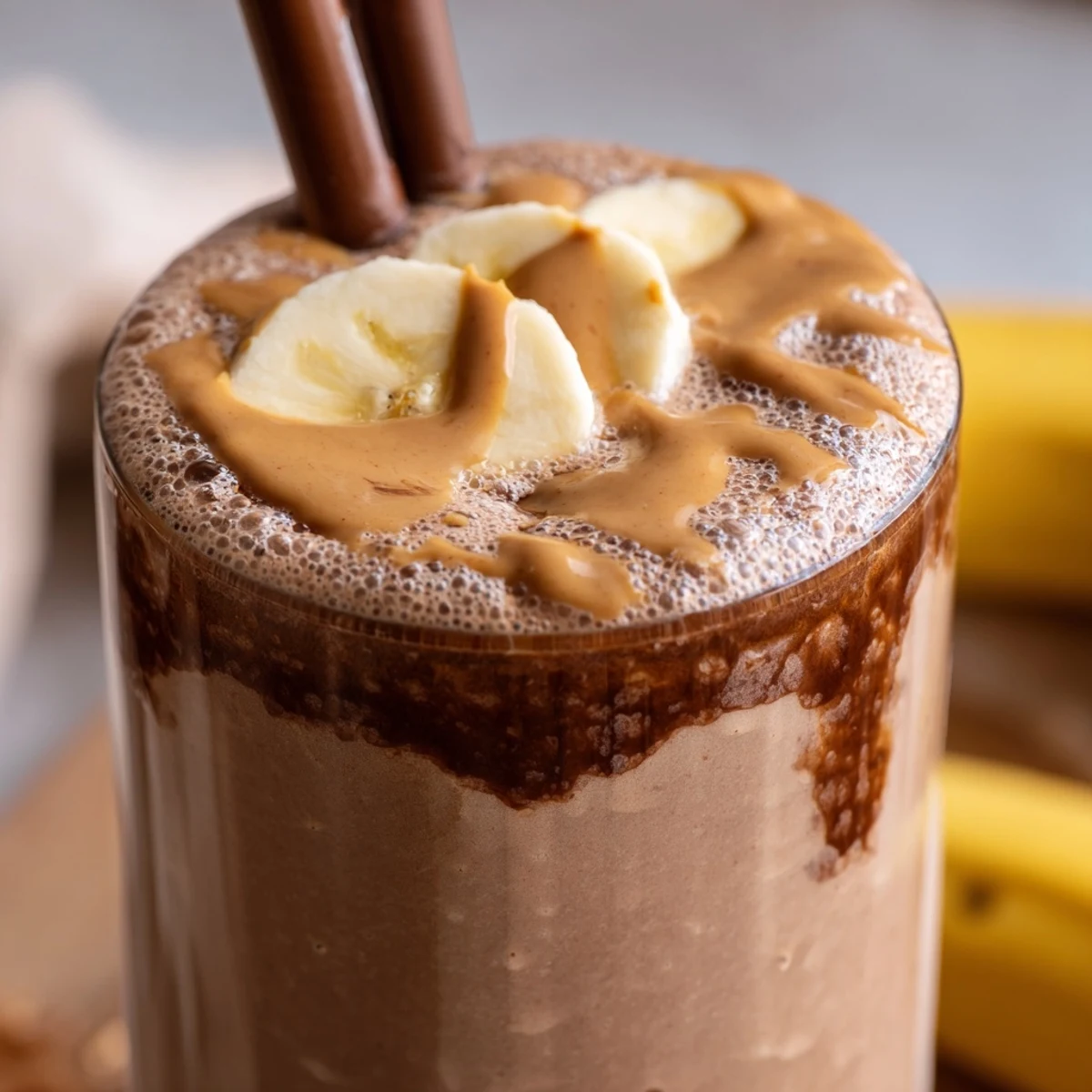 Tall glasses of Chocolate Peanut Butter Smoothie with Banana sit beside sliced bananas on a marble countertop.