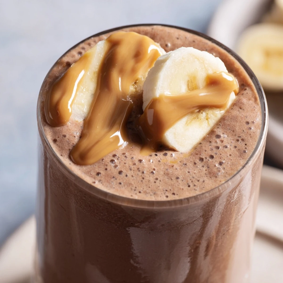 Close-up of a creamy Chocolate Peanut Butter Smoothie with Banana topped with chocolate shavings and a peanut butter drizzle.