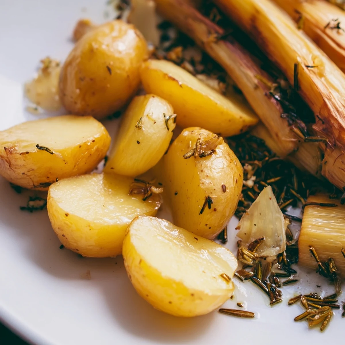 Aromatic Herb Roasted Potatoes and Parsnips tossed with garlic and thyme, paired with roasted chicken.