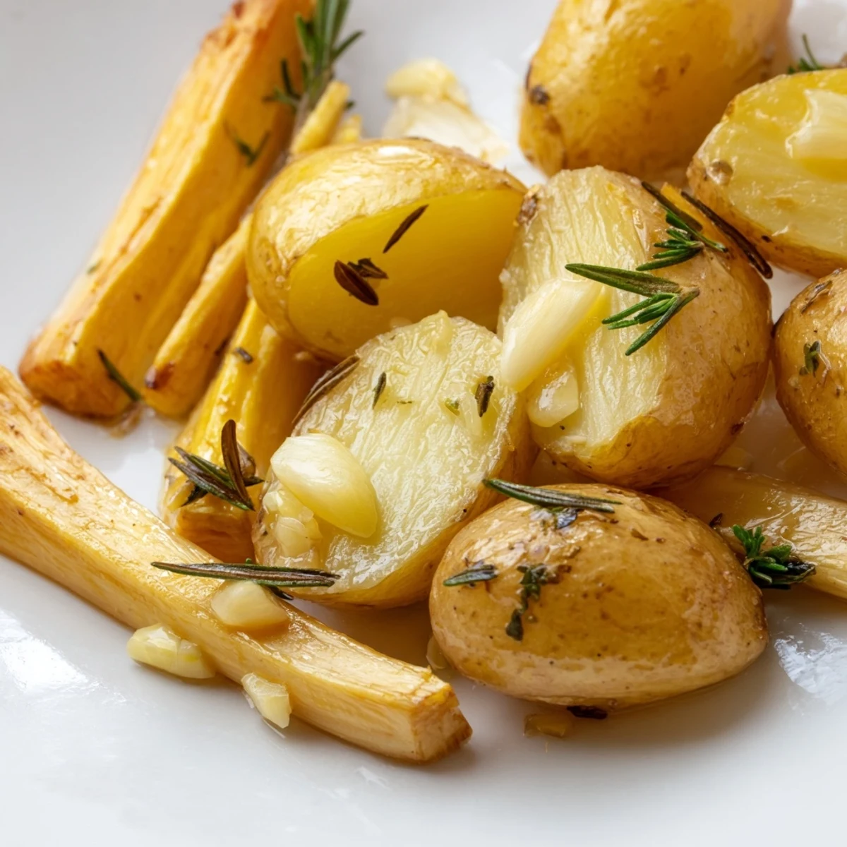 Crisp, caramelized Herb Roasted Potatoes and Parsnips on a rustic platter, ready to serve.