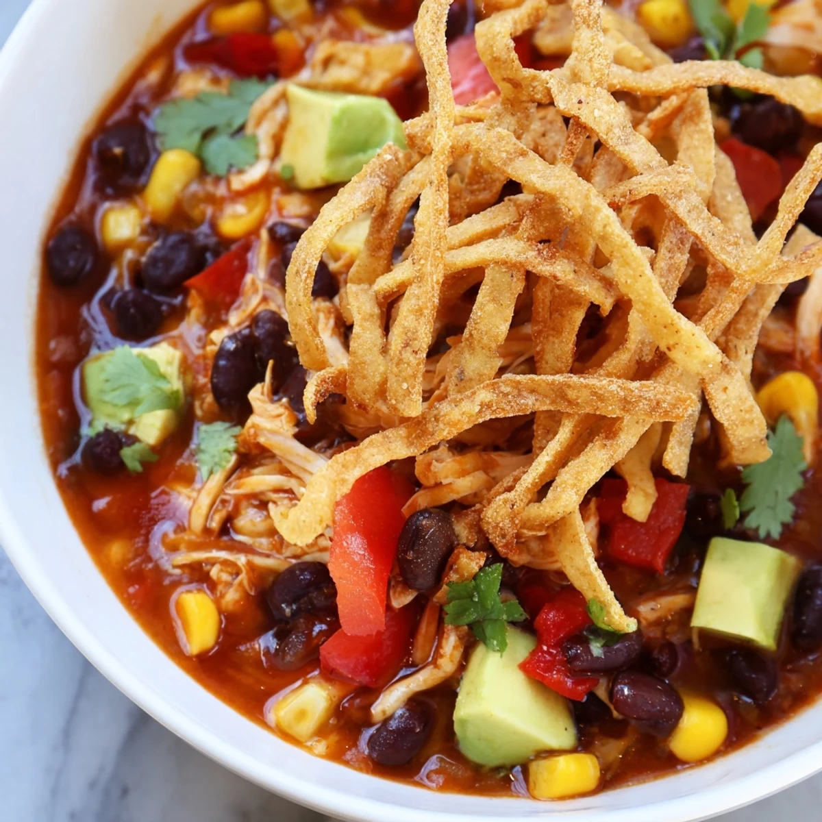 Bowl of Spicy Chicken Tortilla Soup with Lime topped with avocado, cilantro, and crispy strips.