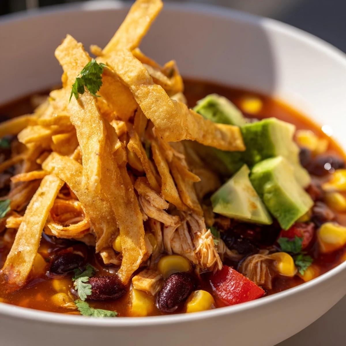Close-up of shredded chicken, black beans, and lime wedges in a bowl of tortilla soup.