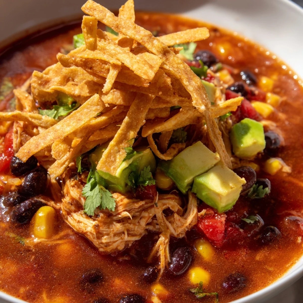Ladle of steaming Spicy Chicken Tortilla Soup with Lime served with corn chips and fresh garnishes.