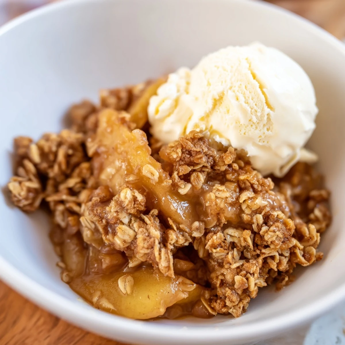 Golden-brown granola topping glistens on this rustic Baked Apple Crisp, ready to be scooped into bowls. 