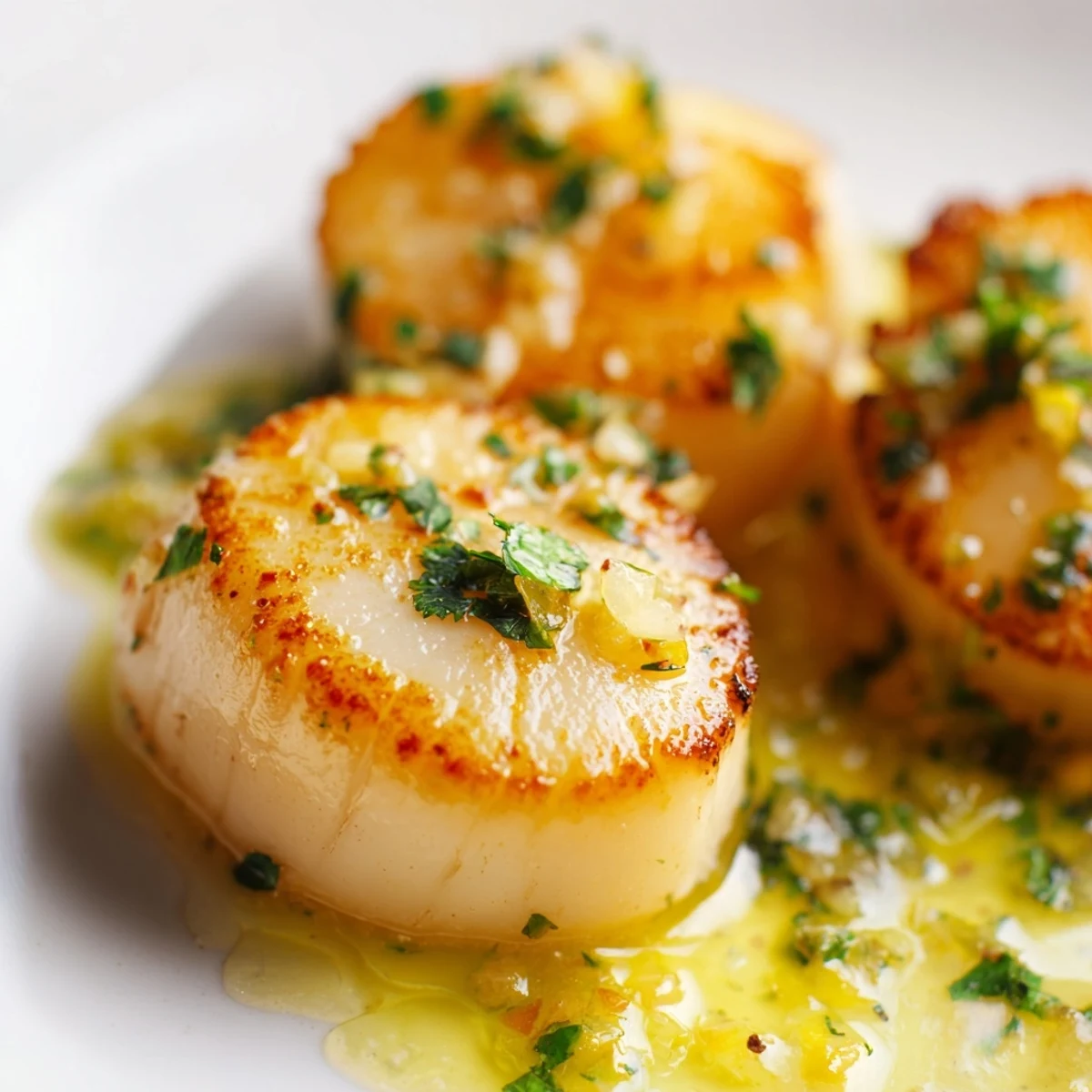 Golden-brown Lemon Garlic Seared Scallops resting in a skillet with a zesty butter sauce and fresh parsley garnish.