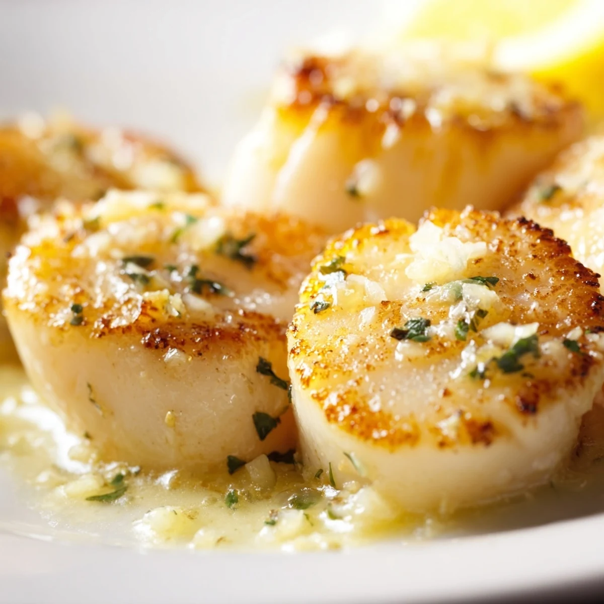 Close-up view of perfectly seared Lemon Garlic Scallops glistening in a rich garlic butter sauce with fresh herbs.