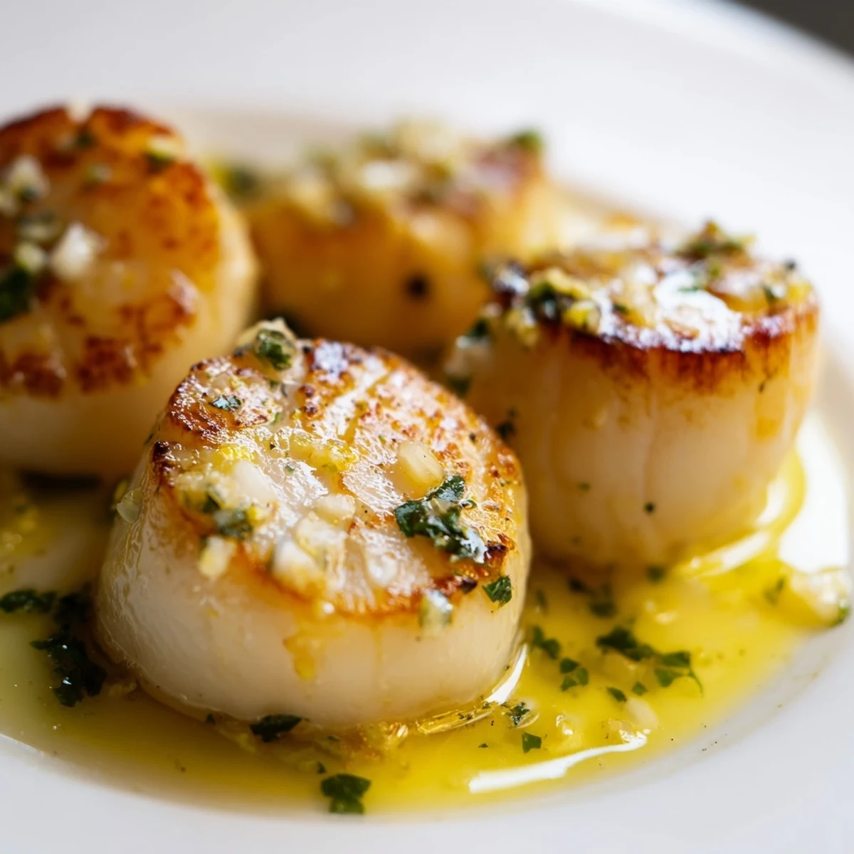Tender, restaurant-quality Lemon Garlic Seared Scallops served on a white plate with lemon wedges and sautéed greens.