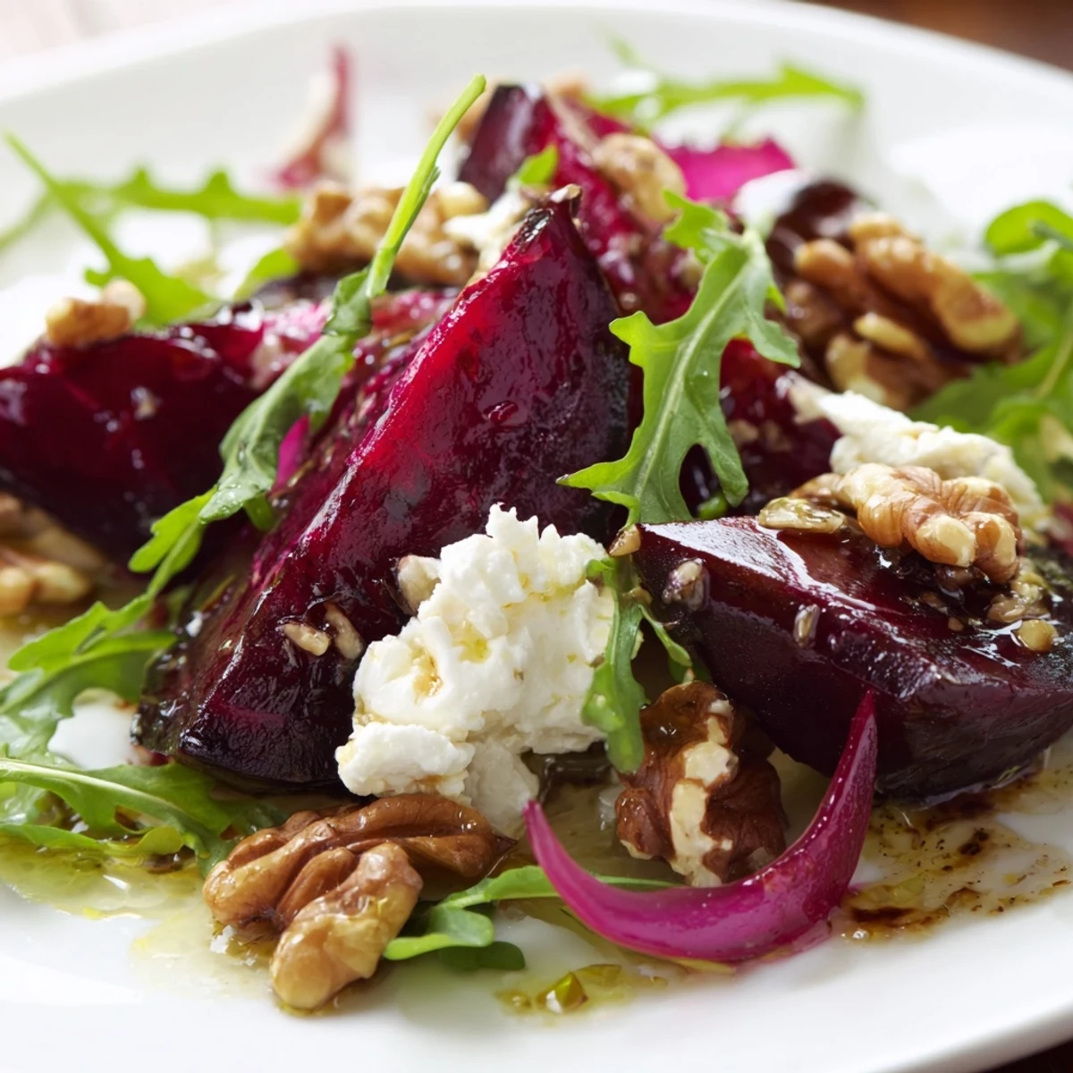 Colorful roasted beet and walnut salad topped with sliced red onion, crumbled goat cheese, and a drizzle of balsamic vinaigrette.