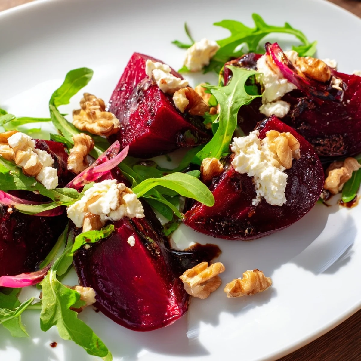 Roasted beet and walnut salad with peppery arugula, tangy goat cheese, and toasted walnuts on a white platter.